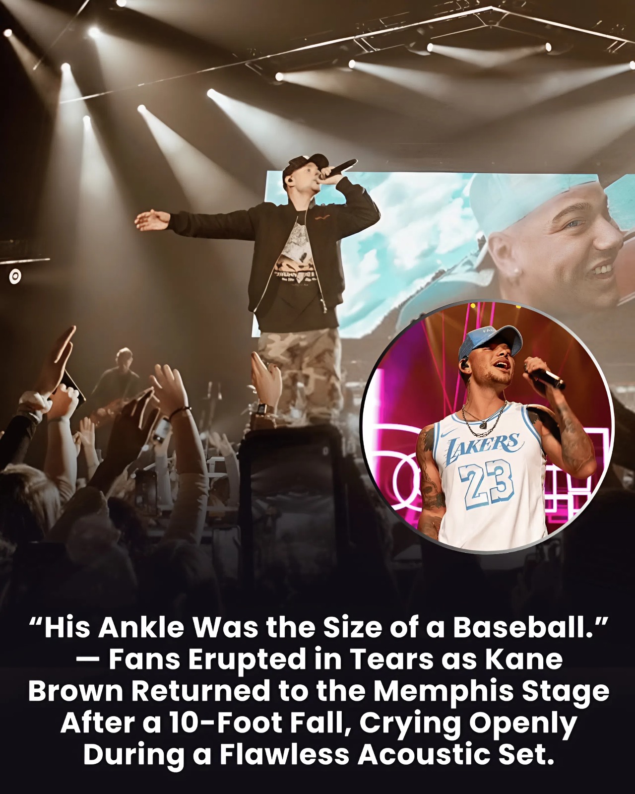 “His Ankle Was the Size of a Baseball.” — Fans Erupted in Tears as Kane Brown Returned to the Memphis Stage After a 10-Foot Fall, Crying Openly During a Flawless Acoustic Set.