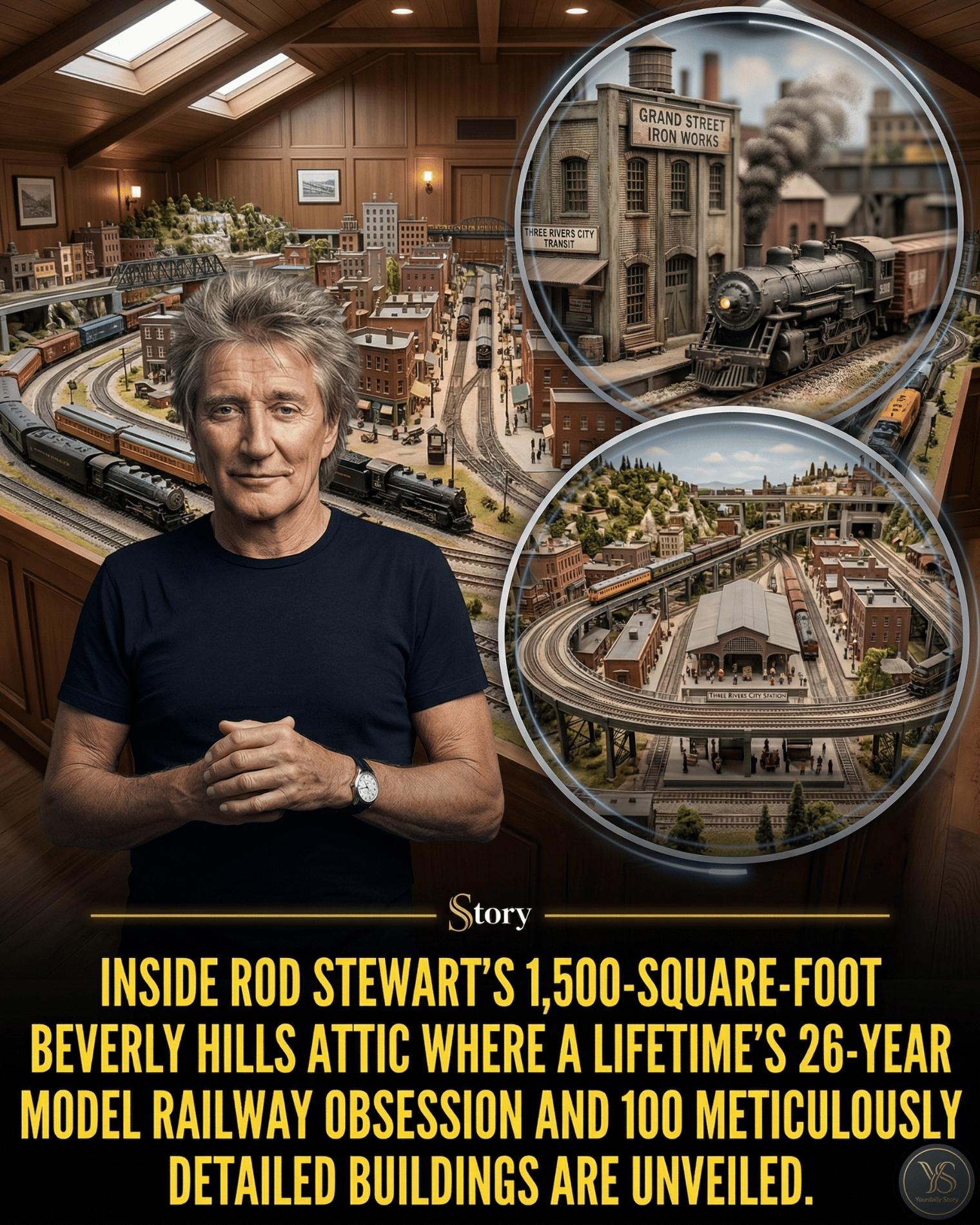 Inside Rod Stewart’s 1,500-square-foot Beverly Hills attic where a lifetime’s 26-year model railway obsession and 100 meticulously detailed buildings are unveiled.