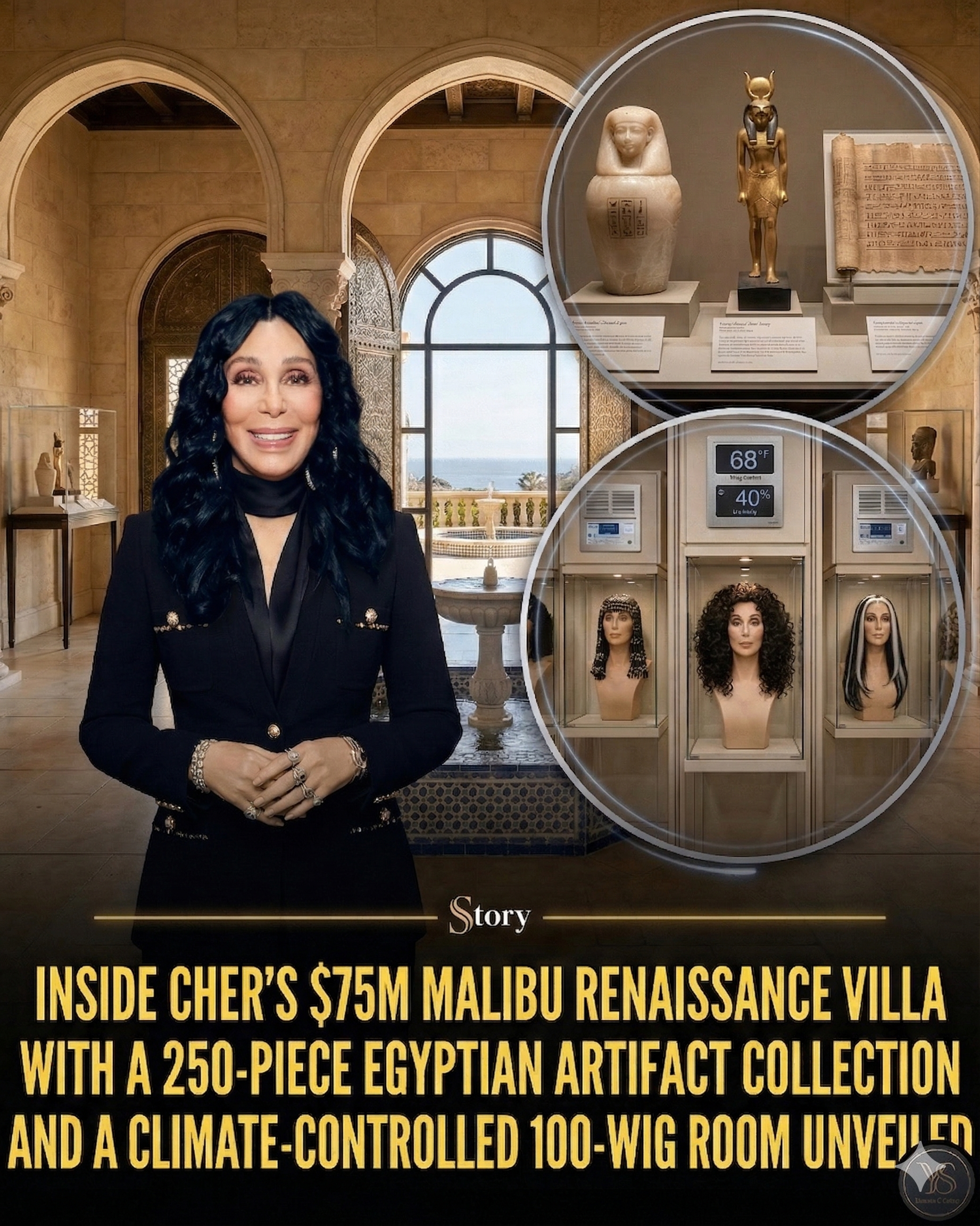 Inside Cher’s $75M Malibu Renaissance Villa with a 250-piece Egyptian Artifact Collection and a Climate-Controlled 100-Wig Room Unveiled.