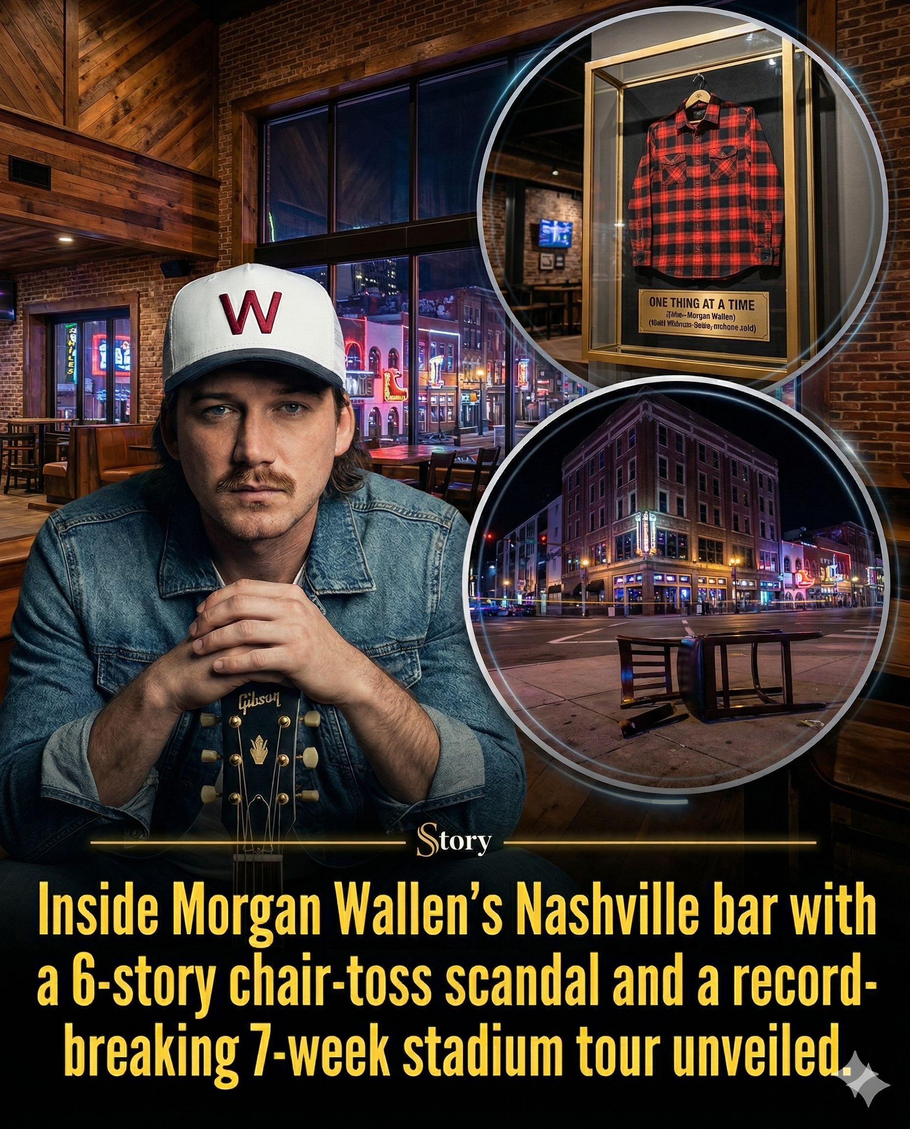Inside Morgan Wallen’s Nashville bar with a 6-story chair-toss scandal and a record-breaking 7-week stadium tour unveiled.