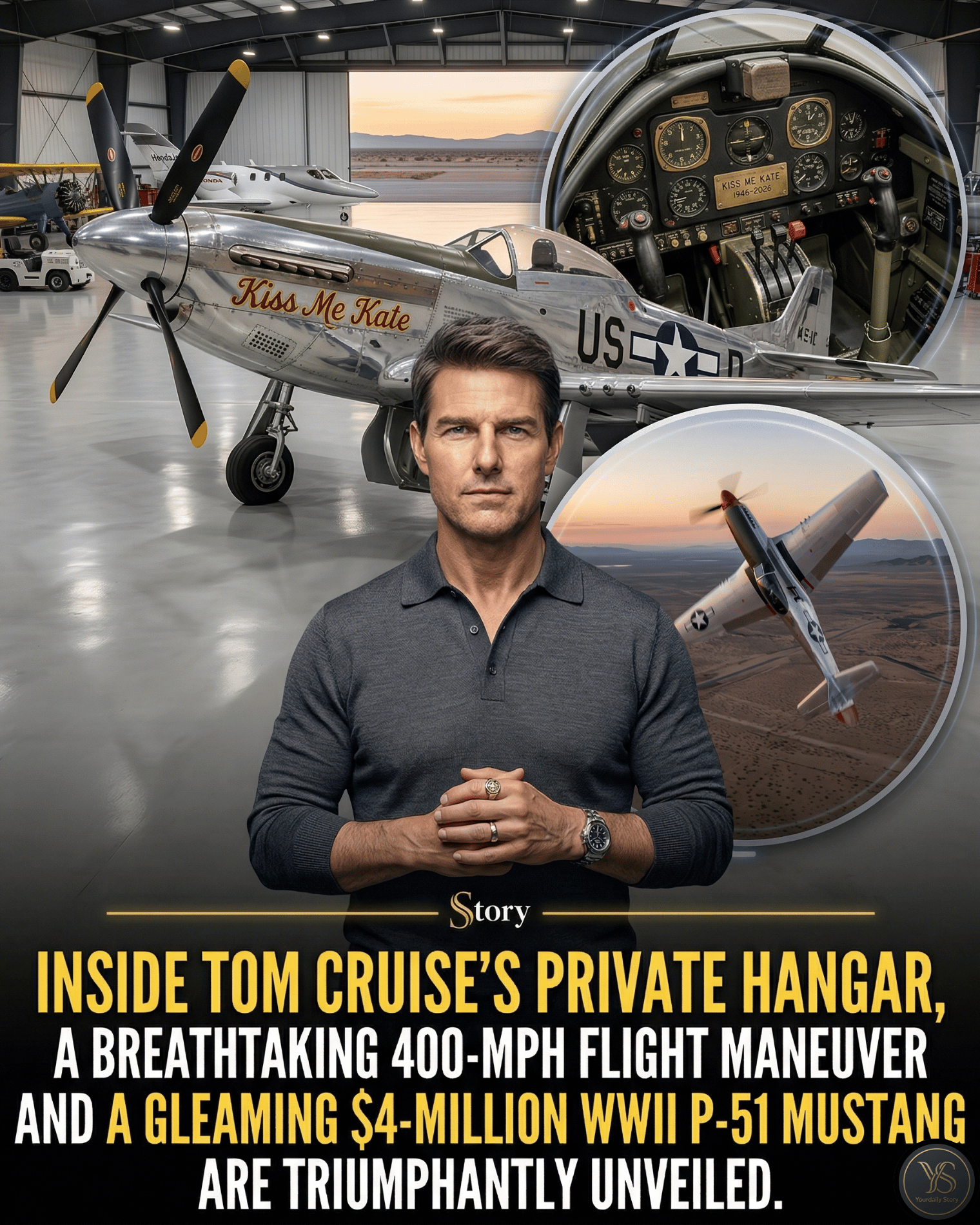 Inside Tom Cruise’s private hangar, a breathtaking 400-mph flight maneuver and a gleaming $4-million WWII P-51 Mustang are triumphantly unveiled.