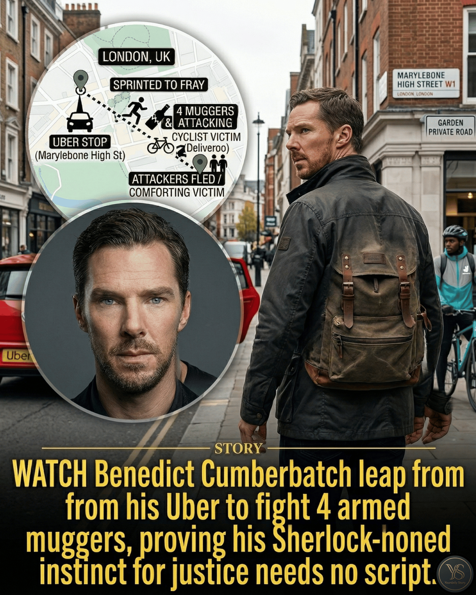 WATCH Benedict Cumberbatch leap from his Uber to fight 4 armed muggers, proving his Sherlock-honed instinct for justice needs no script.