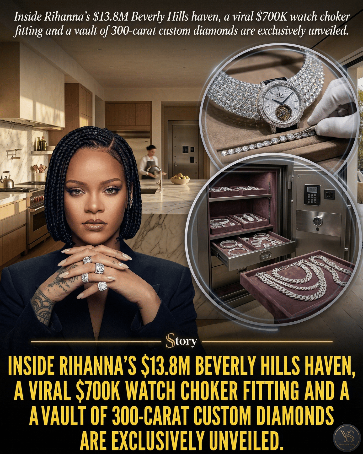Inside Rihanna’s $13.8M Beverly Hills haven, a viral $700K watch choker fitting and a vault of 300-carat custom diamonds are exclusively unveiled.