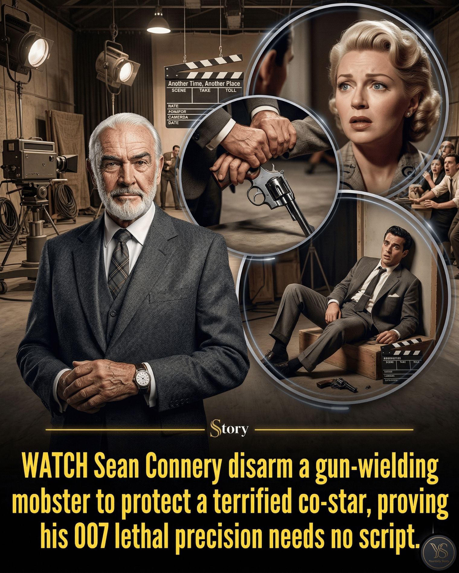 WATCH Sean Connery disarm a gun-wielding mobster to protect a terrified co-star, proving his 007 lethal precision needs no script.