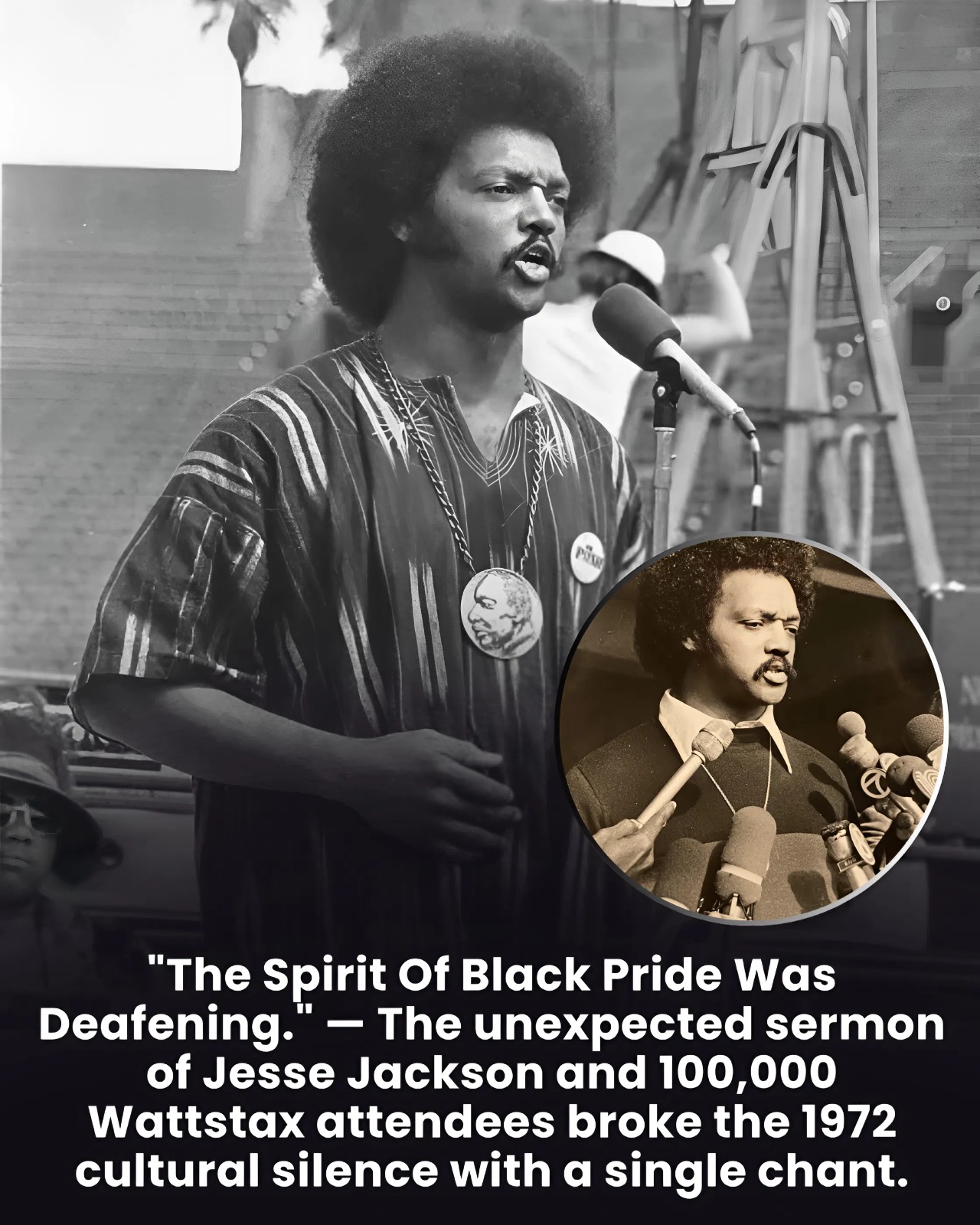 “The Spirit Of Black Pride Was Deafening.” — The unexpected sermon of Jesse Jackson and 100,000 Wattstax attendees broke the 1972 cultural silence with a single chant.