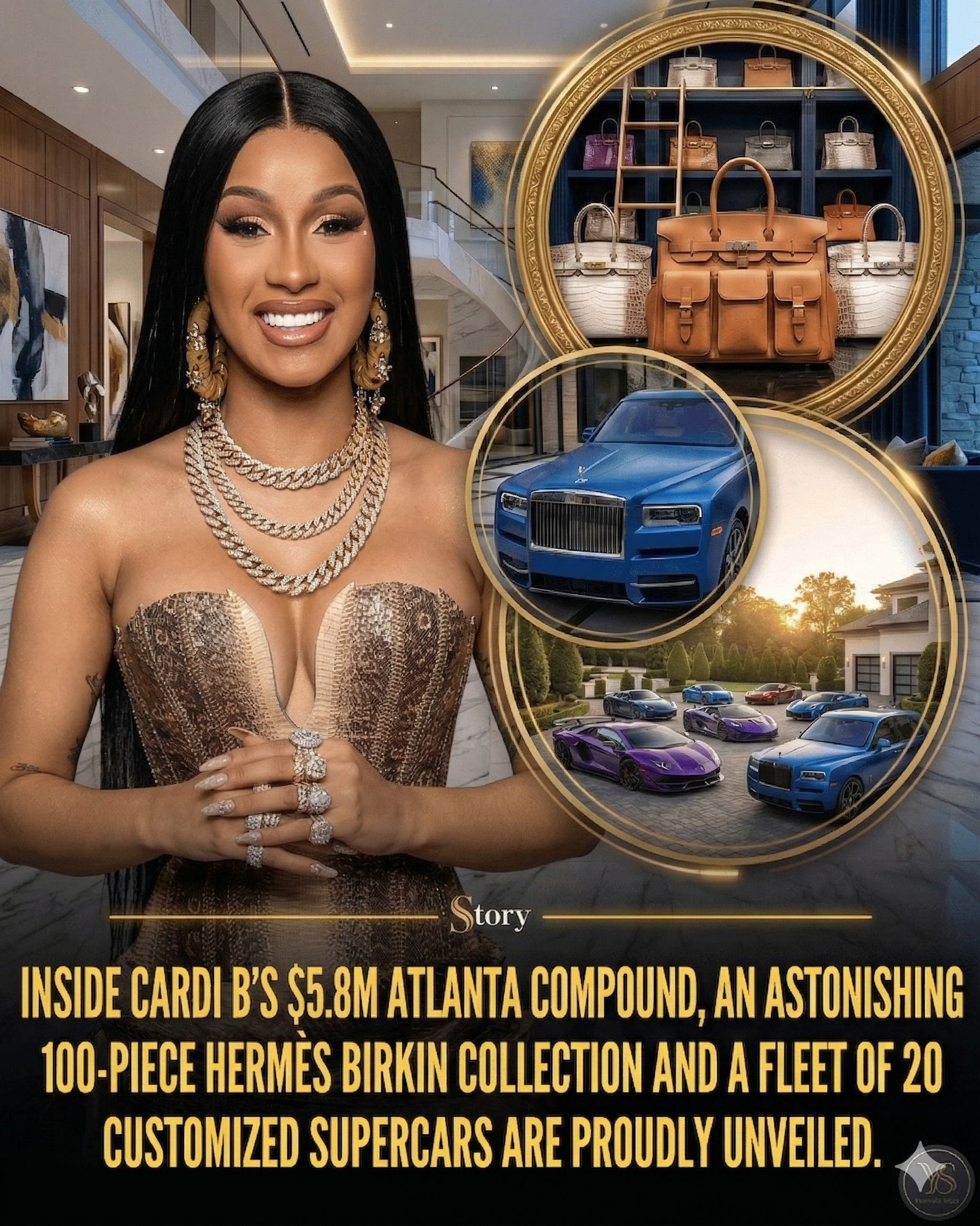 Inside Cardi B’s $5.8M Atlanta compound, an astonishing 100-piece Hermès Birkin collection and a fleet of 20 customized supercars are proudly unveiled.