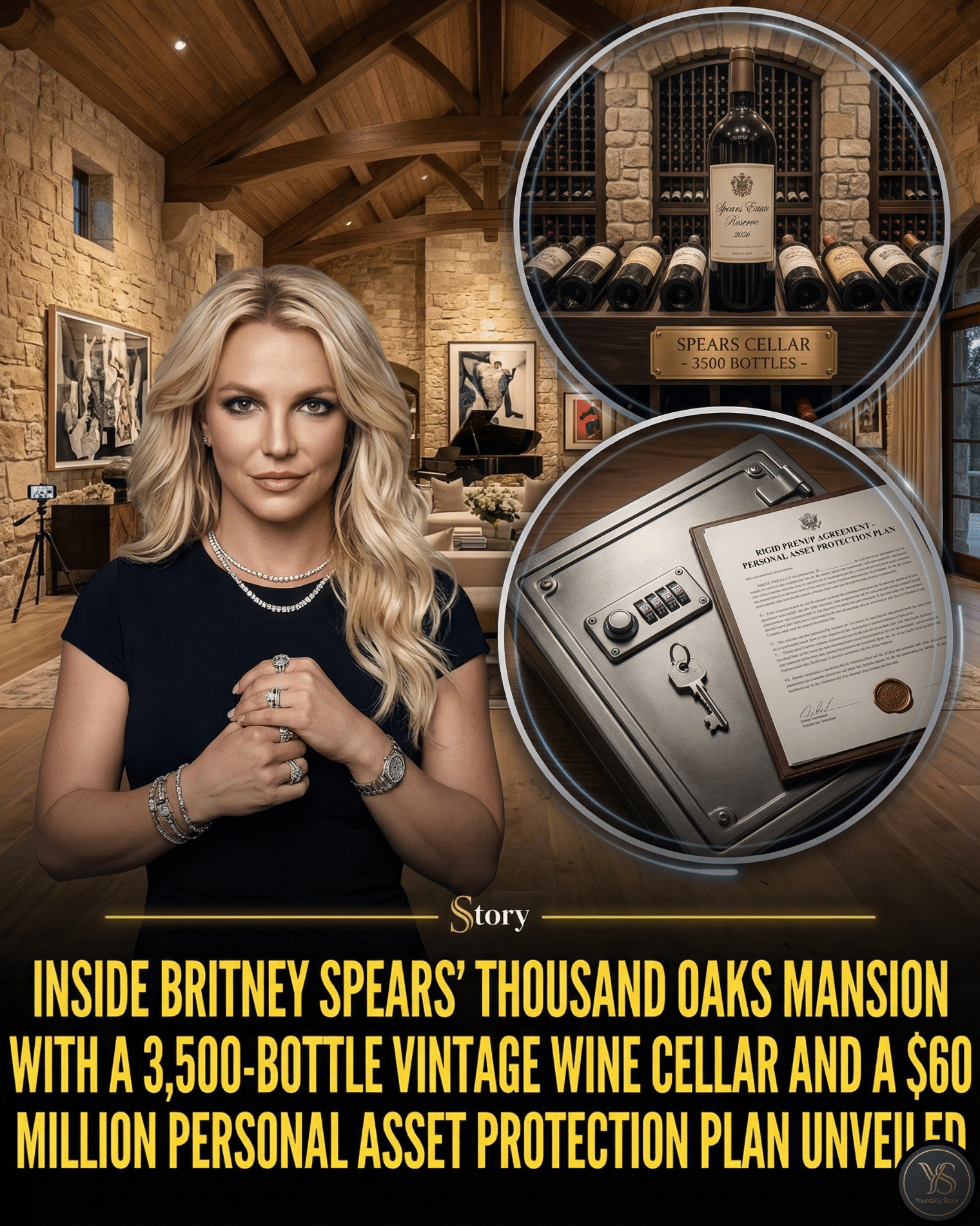 Inside Britney Spears’ Thousand Oaks mansion with a 3,500-bottle vintage wine cellar and a $60 million personal asset protection plan unveiled.