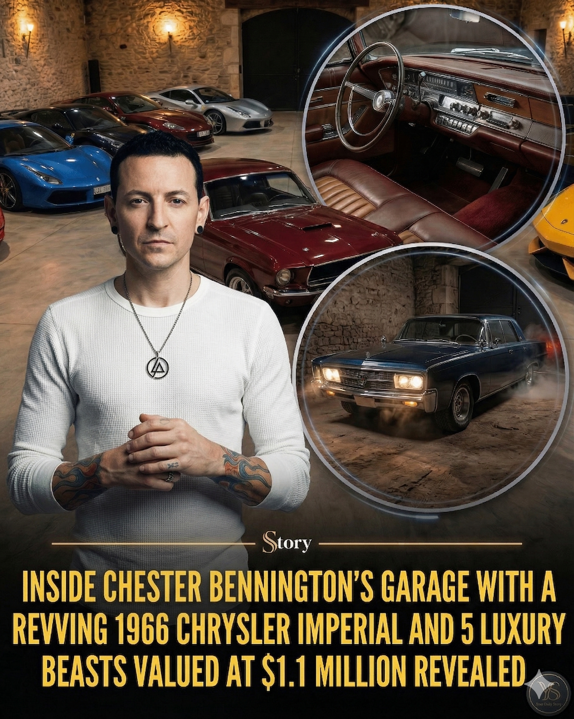 Inside Chester Bennington’s garage with a revving 1966 Chrysler Imperial and 5 luxury beasts valued at $1.1 million revealed.