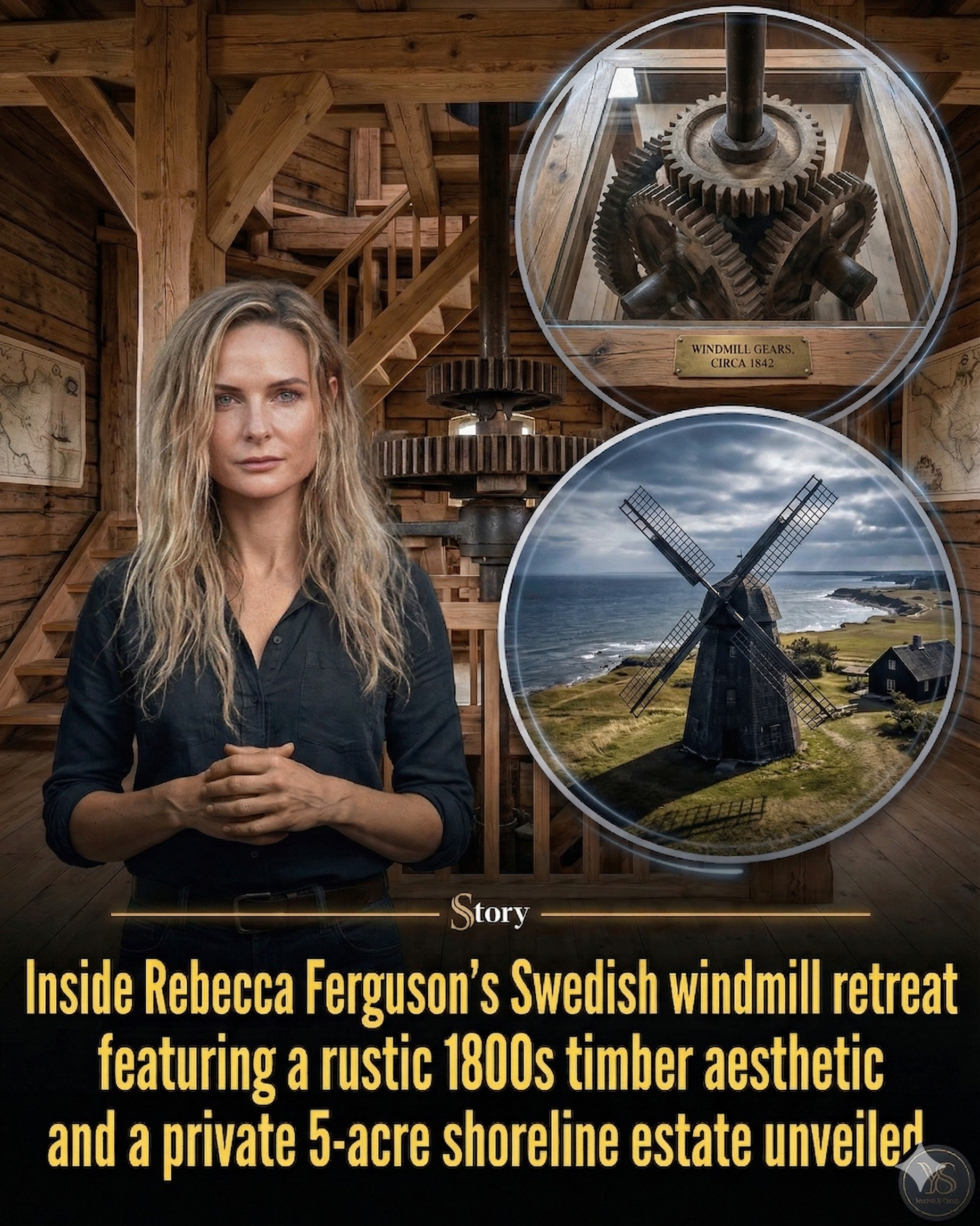 Inside Rebecca Ferguson’s Swedish windmill retreat featuring a rustic 1800s timber aesthetic and a private 5-acre shoreline estate unveiled.