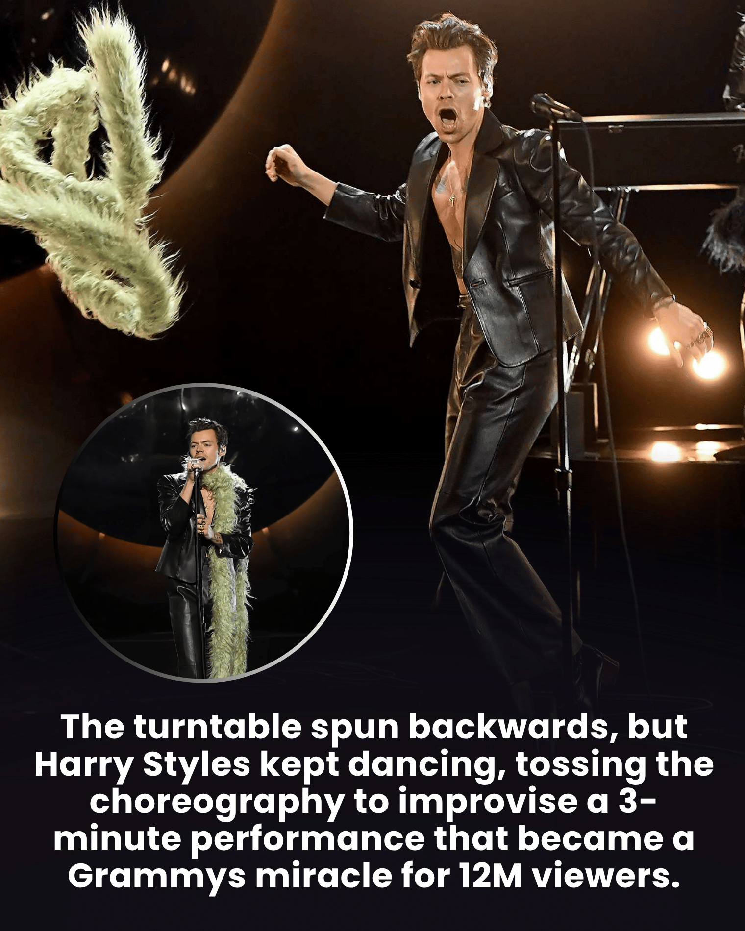 The turntable spun backwards, but Harry Styles kept dancing, tossing the choreography to improvise a 3-minute performance that became a Grammys miracle for 12M viewers.