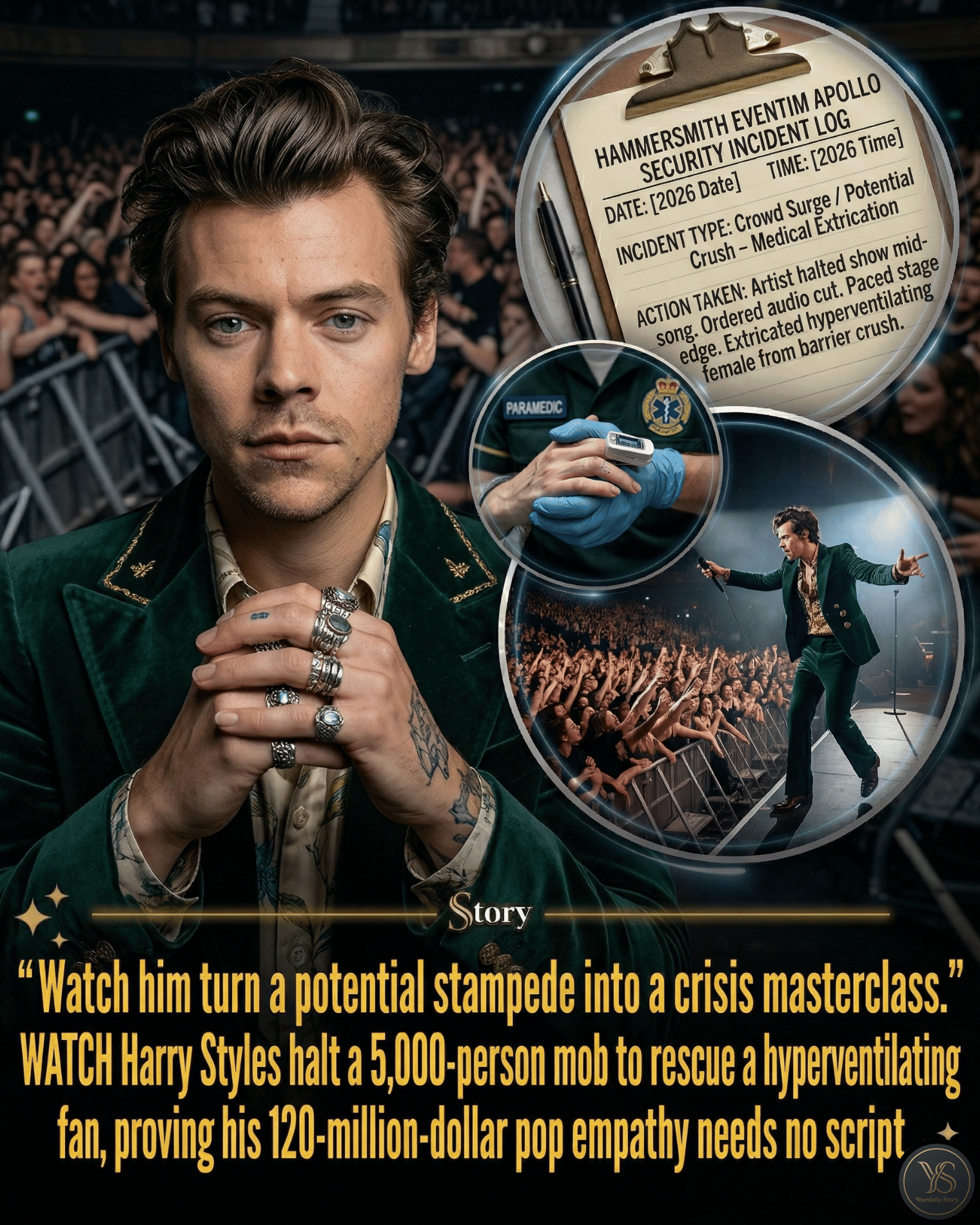 WATCH Harry Styles halt a 5,000-person mob to rescue a hyperventilating fan, proving his 120-million-dollar pop empathy needs no script.