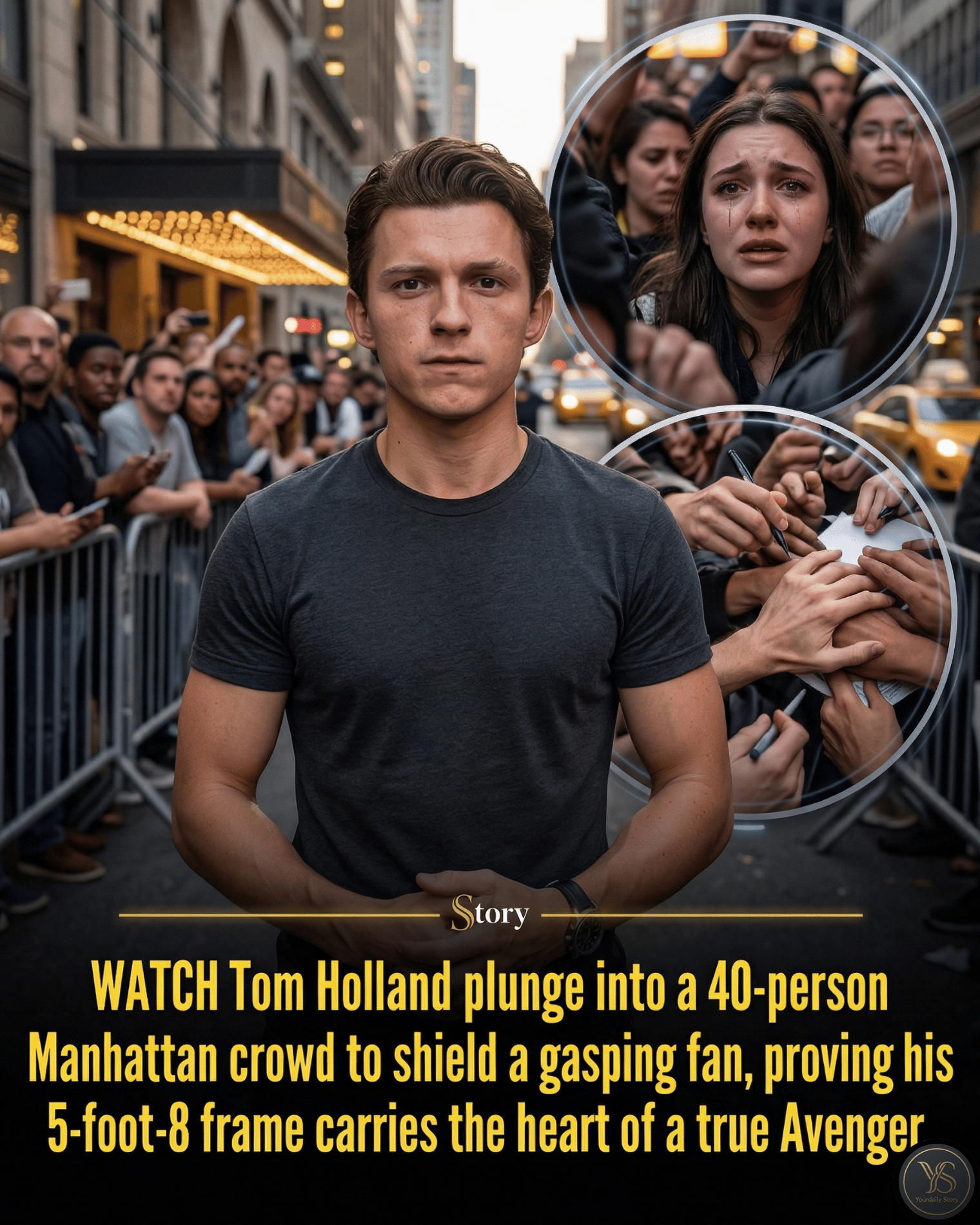 WATCH Tom Holland plunge into a 40-person Manhattan crowd to shield a gasping fan, proving his 5-foot-8 frame carries the heart of a true Avenger.