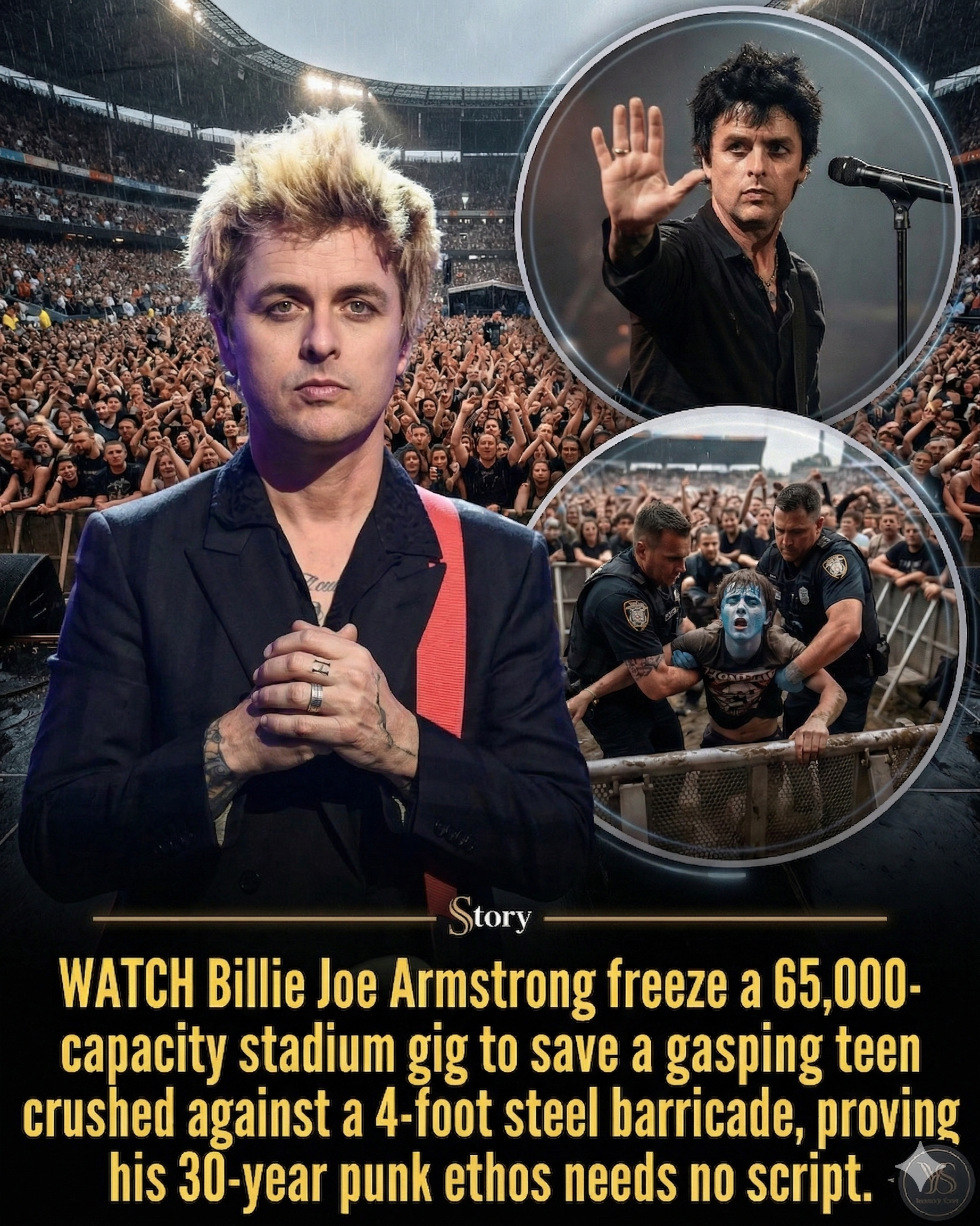 WATCH Billie Joe Armstrong freeze a 65,000-capacity stadium gig to save a gasping teen crushed against a 4-foot steel barricade, proving his 30-year punk ethos needs no script.