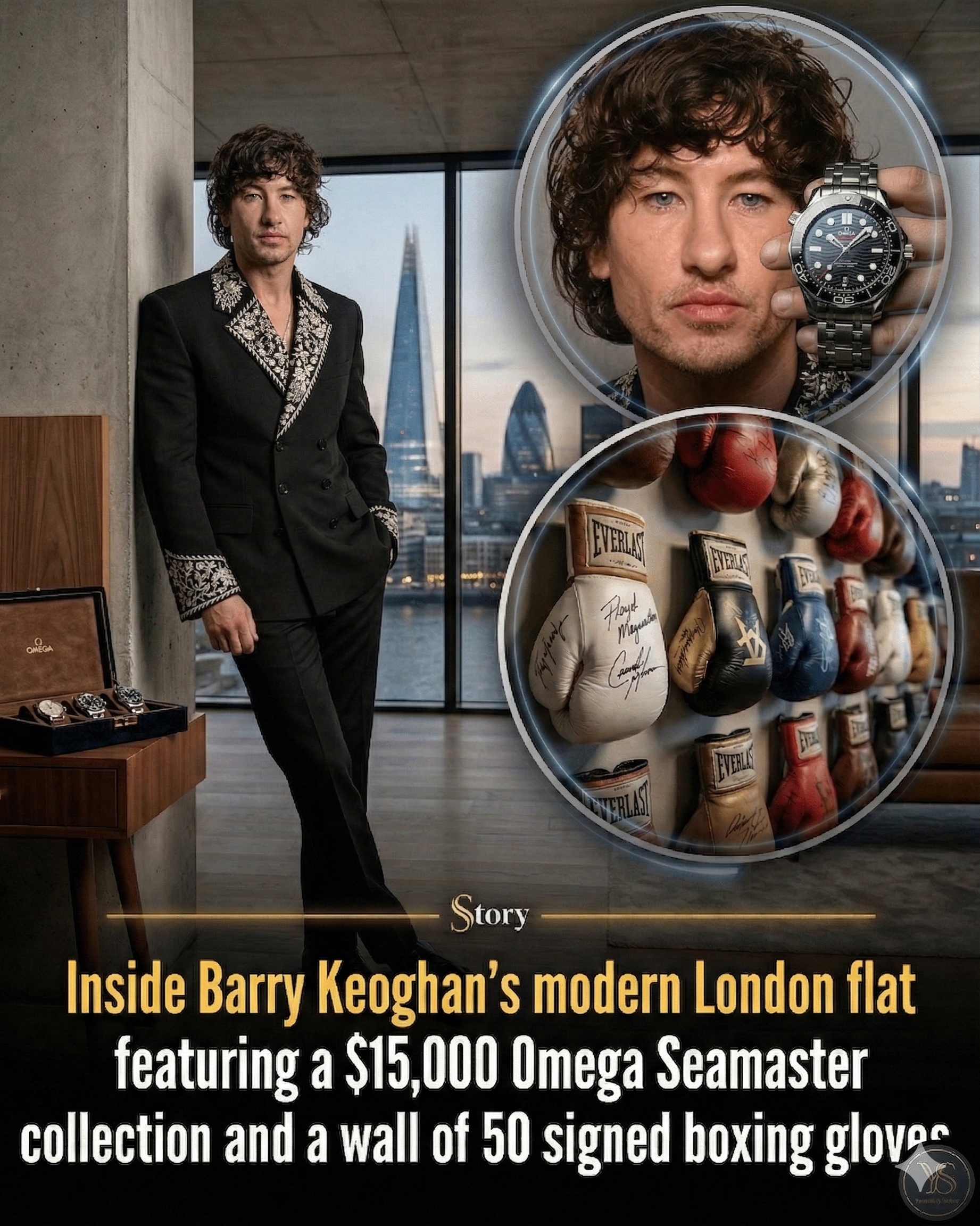 Inside Barry Keoghan’s modern London flat featuring a $15,000 Omega Seamaster collection and a wall of 50 signed boxing gloves.