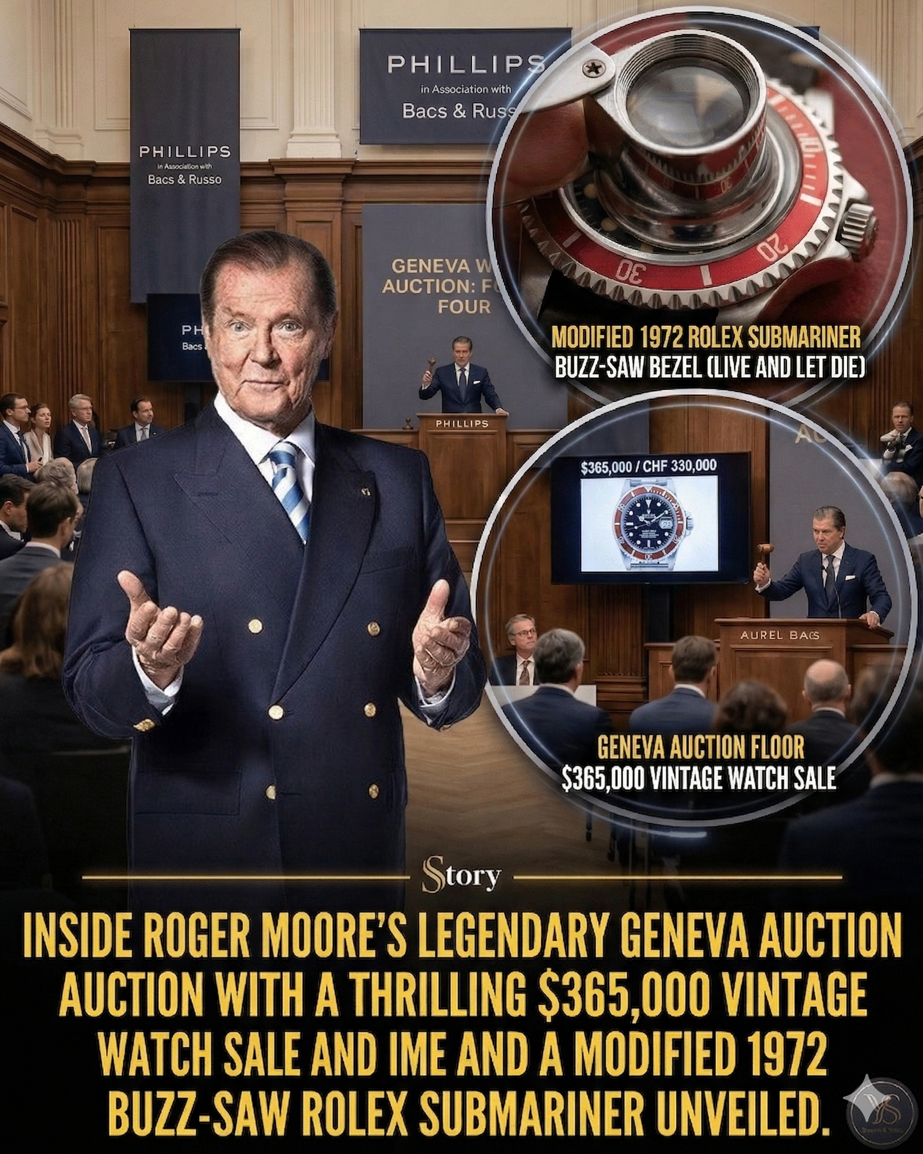 Inside Roger Moore’s legendary Geneva auction with a thrilling $365,000 vintage watch sale and a modified 1972 buzz-saw Rolex Submariner unveiled.