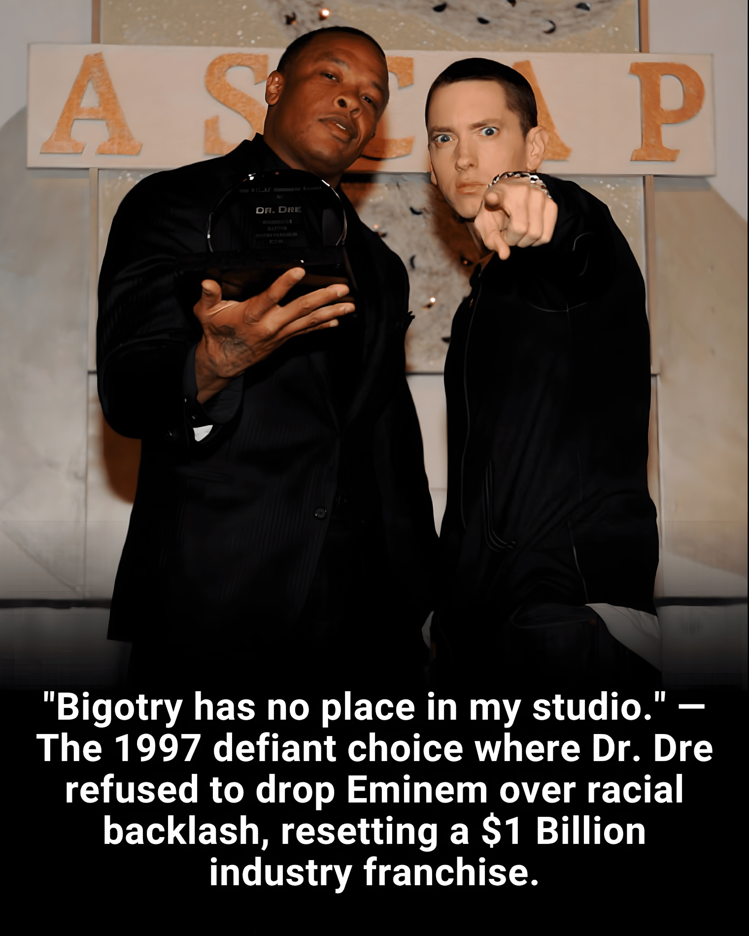 “Bigotry has no place in my studio.” — The 1997 defiant choice where Dr. Dre refused to drop Eminem over racial backlash, resetting a $1 Billion industry franchise.