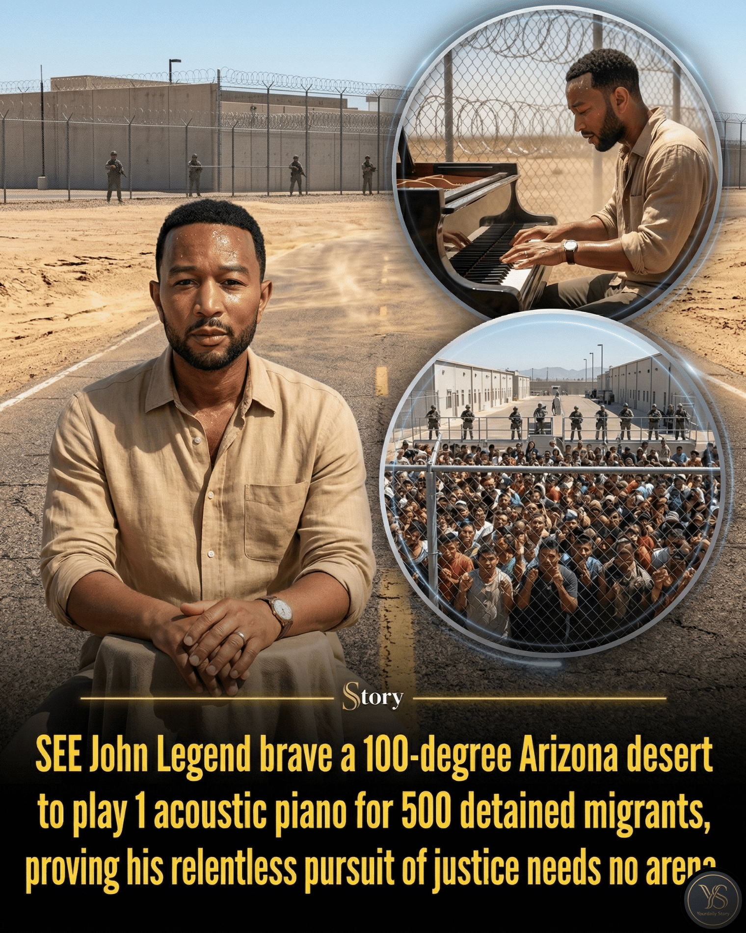 SEE John Legend brave a 100-degree Arizona desert to play 1 acoustic piano for 500 detained migrants, proving his relentless pursuit of justice needs no arena.