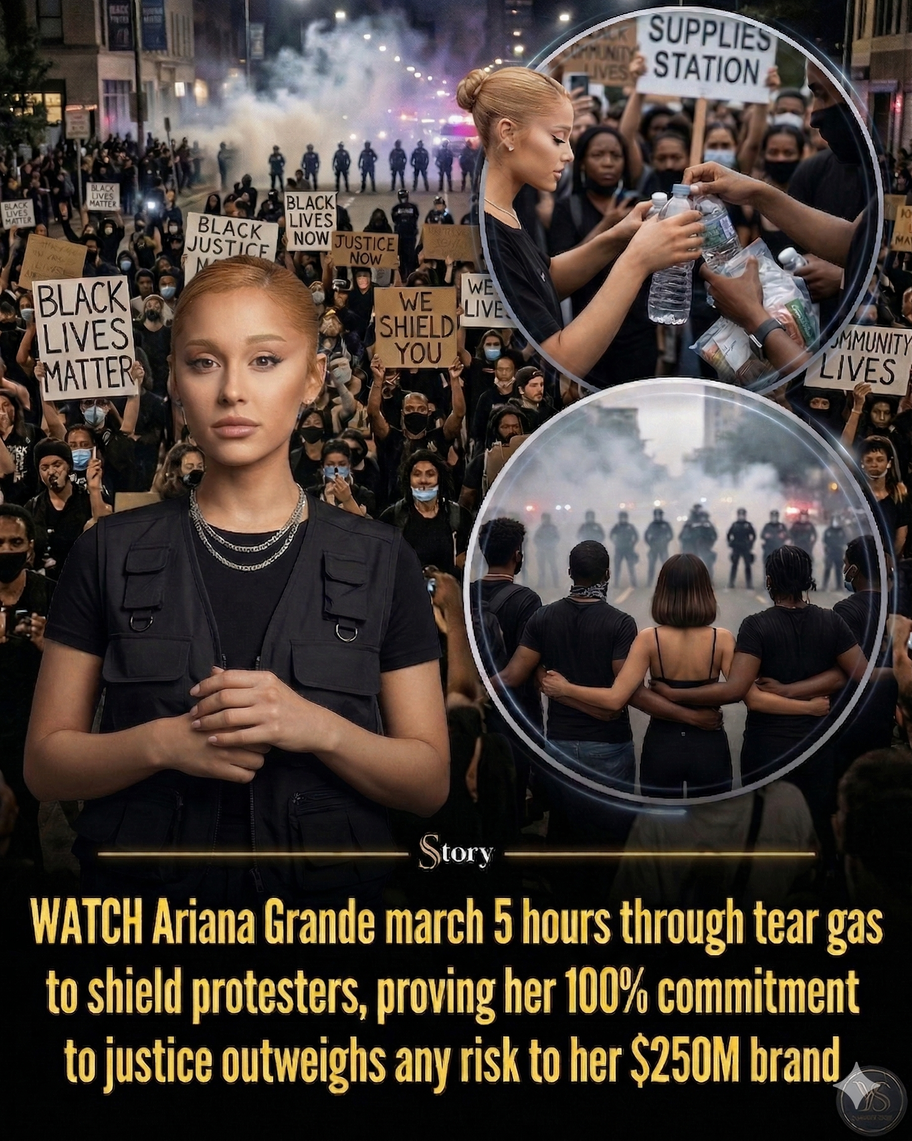WATCH Ariana Grande march 5 hours through tear gas to shield protesters, proving her 100% commitment to justice outweighs any risk to her $250M brand.