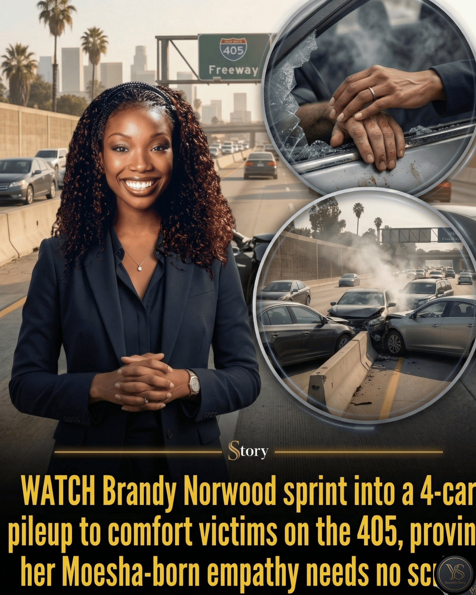 WATCH Brandy Norwood sprint into a 4-car pileup to comfort victims on the 405, proving her Moesha-born empathy needs no script.