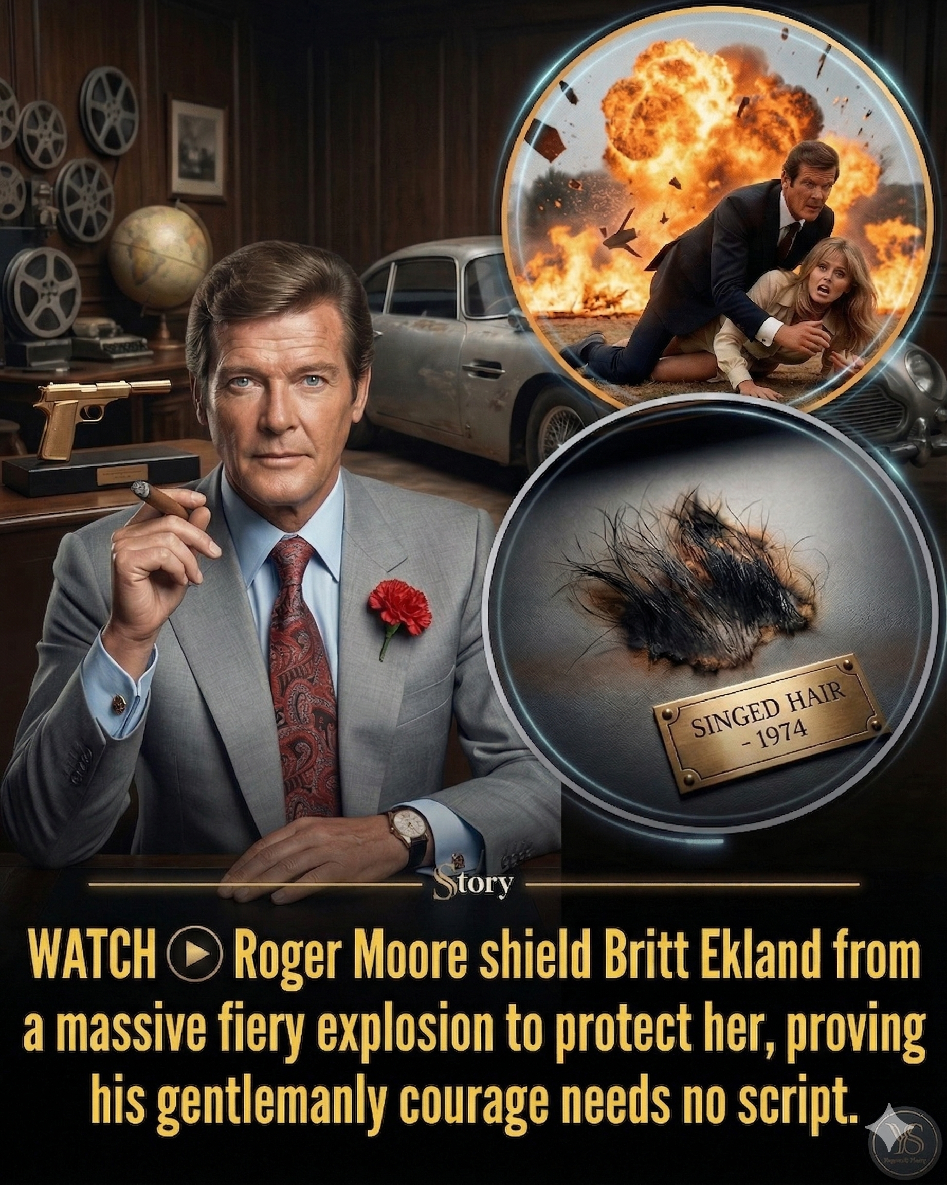 WATCH Roger Moore shield Britt Ekland from a massive fiery explosion to protect her, proving his gentlemanly courage needs no script.