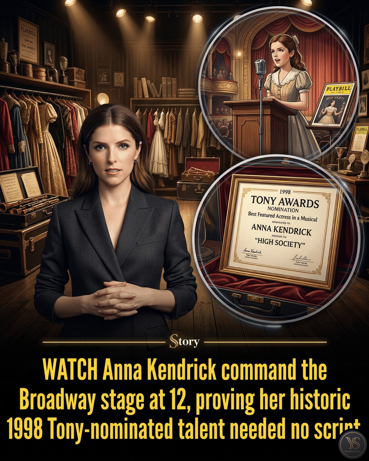 WATCH Anna Kendrick command the Broadway stage at 12, proving her historic 1998 Tony-nominated talent needed no script.
