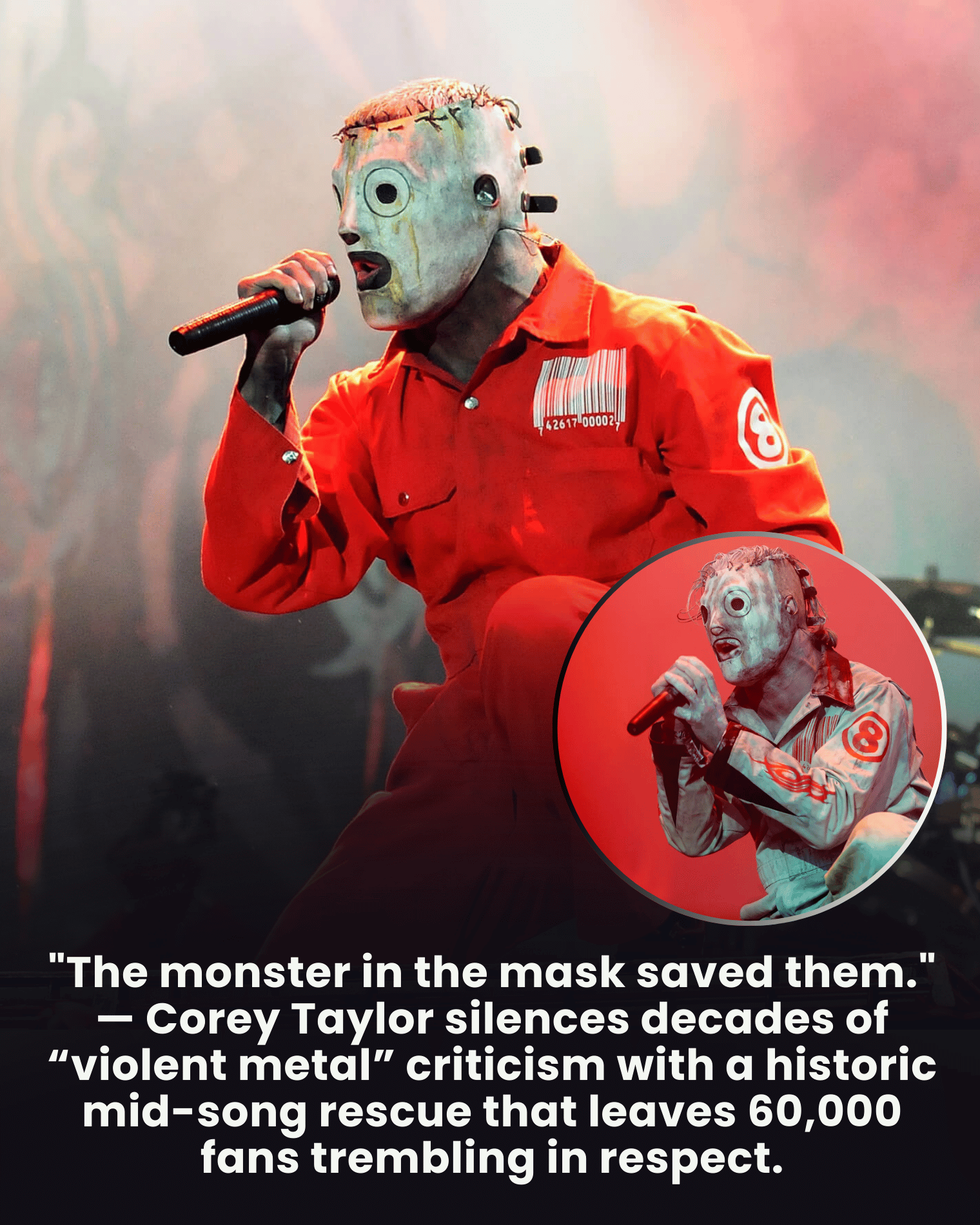 “The monster in the mask saved them.” — Corey Taylor silences decades of “violent metal” criticism with a historic mid-song rescue that leaves 60,000 fans trembling in respect.