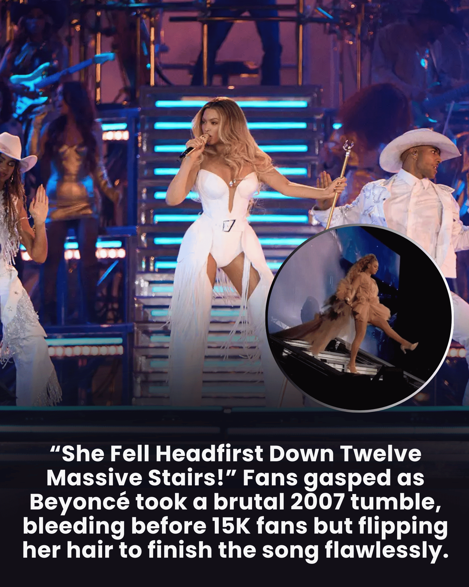 “She Fell Headfirst Down Twelve Massive Stairs!” Fans gasped as Beyoncé took a brutal 2007 tumble, bleeding before 15K fans but flipping her hair to finish the song flawlessly.