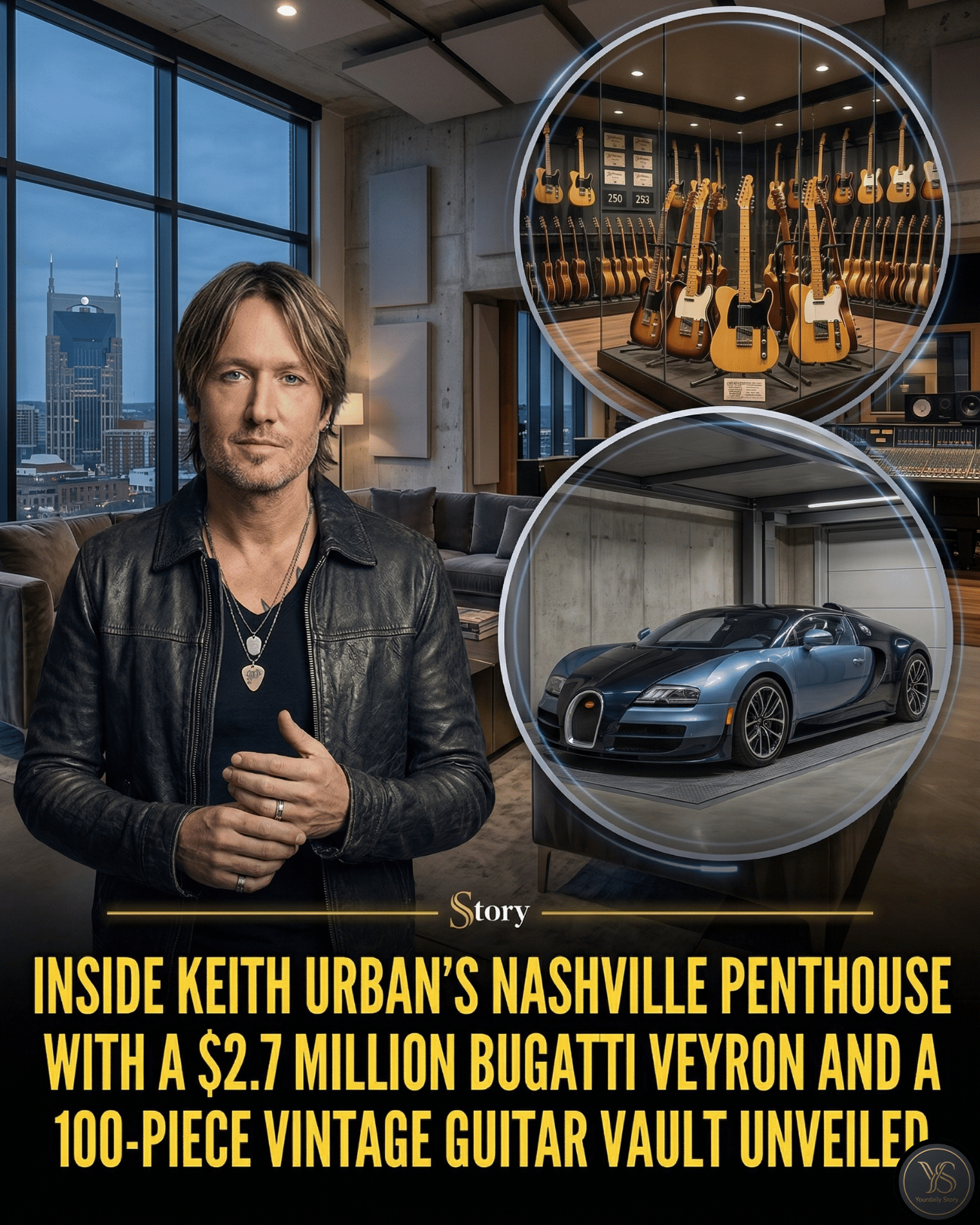 Inside Keith Urban’s Nashville penthouse with a $2.7 million Bugatti Veyron and a 100-piece vintage guitar vault unveiled.