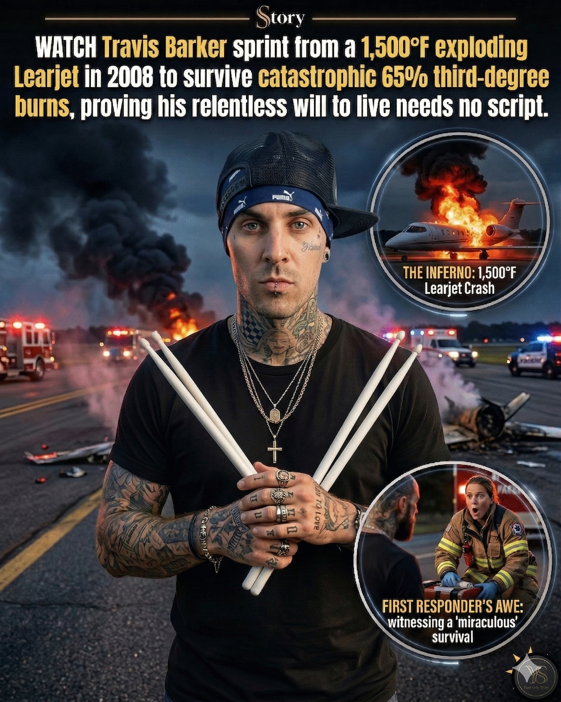 WATCH Travis Barker sprint from a 1,500°F exploding Learjet in 2008 to survive catastrophic 65% third-degree body burns, proving his relentless will to live needs no script.