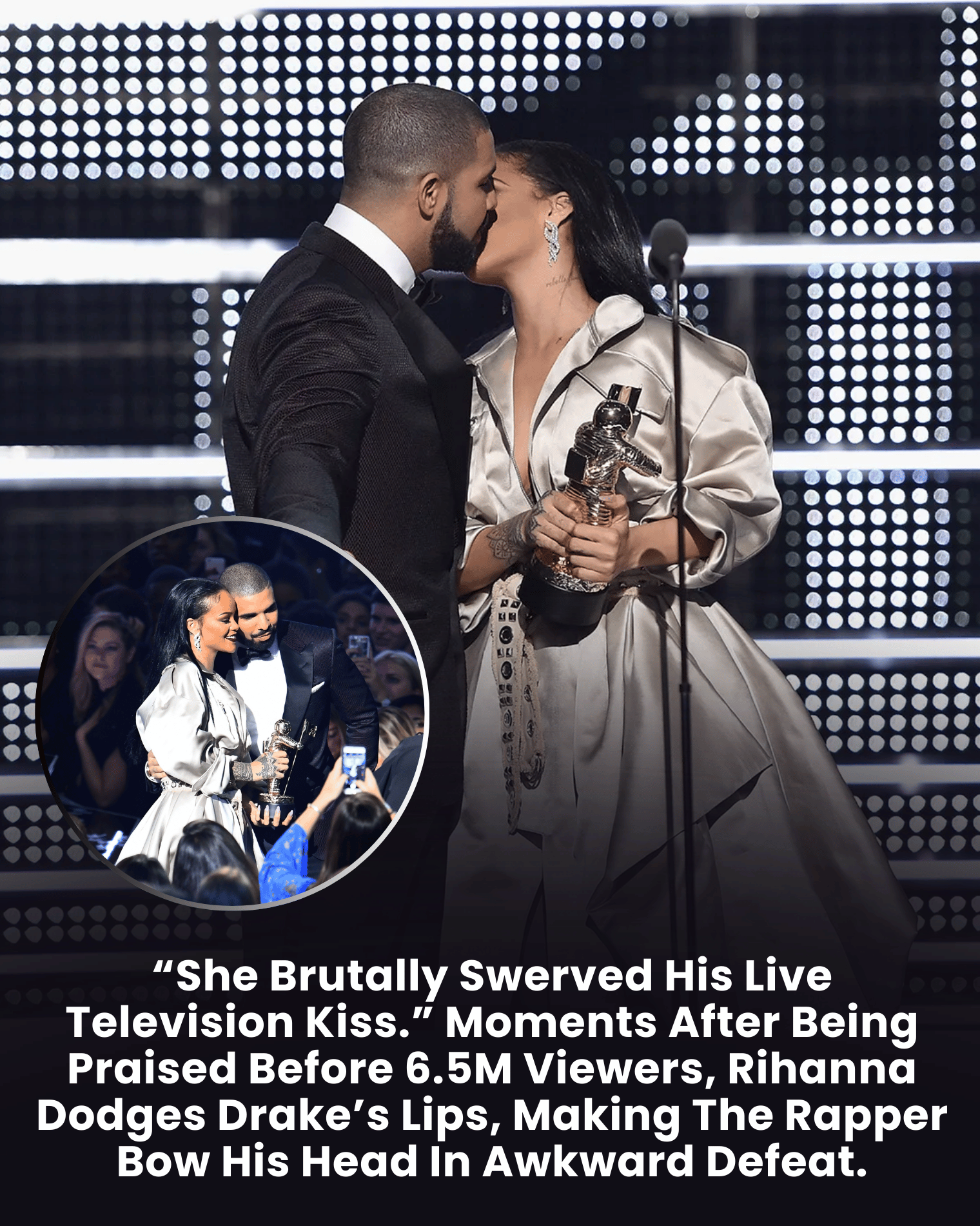 “She Brutally Swerved His Live Television Kiss.” Moments After Being Praised Before 6.5M Viewers, Rihanna Dodges Drake’s Lips, Making The Rapper Bow His Head In Awkward Defeat.