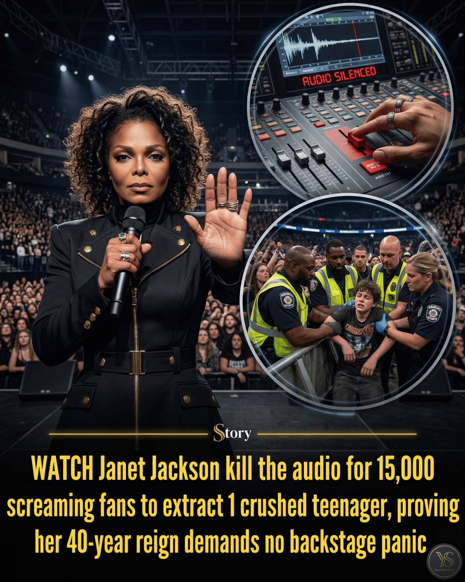 WATCH Janet Jackson kill the audio for 15,000 screaming fans to extract 1 crushed teenager, proving her 40-year reign demands no backstage panic.