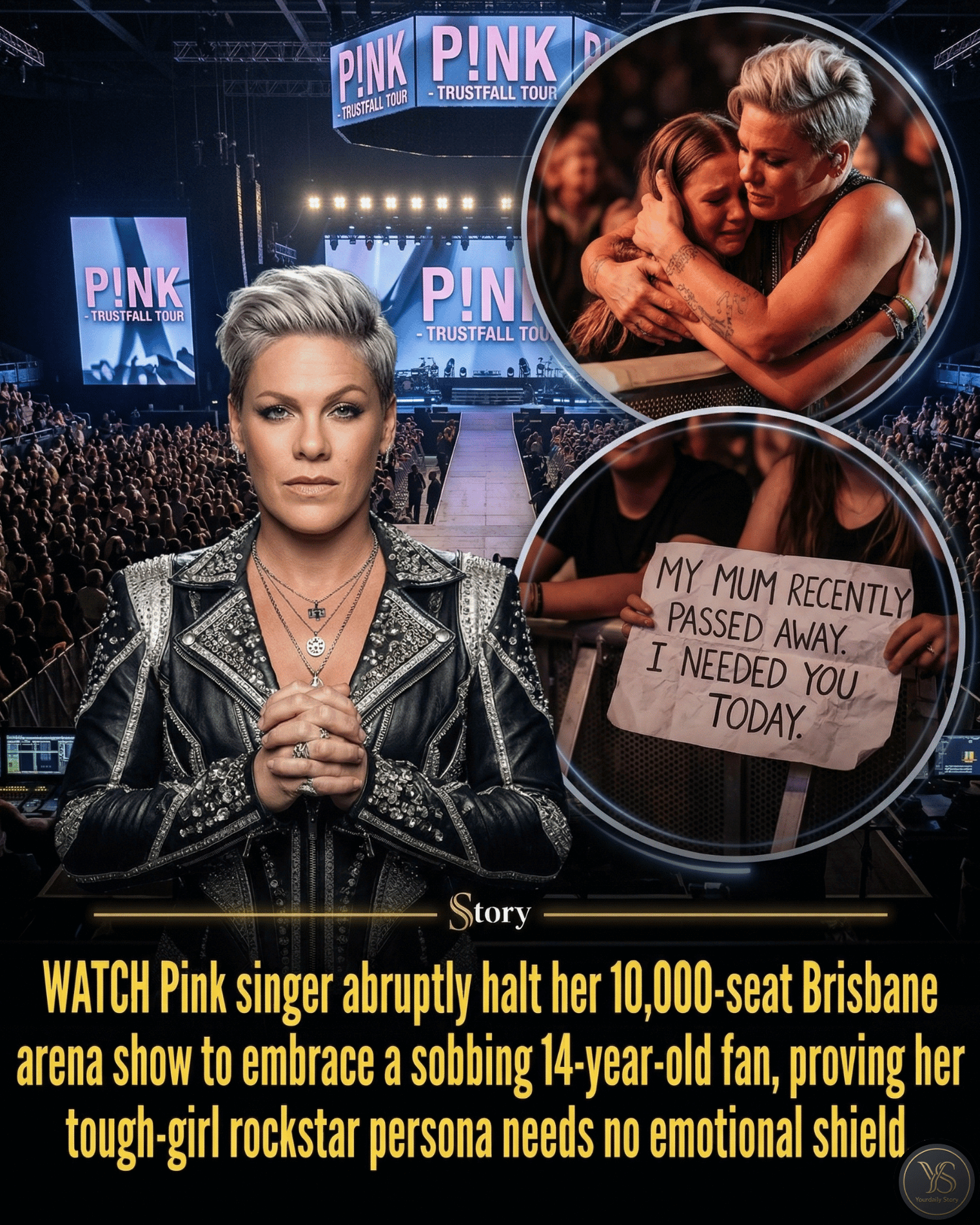 WATCH Pink abruptly halt her 10,000-seat Brisbane arena show to embrace a sobbing 14-year-old fan, proving her tough-girl rockstar persona needs no emotional shield.