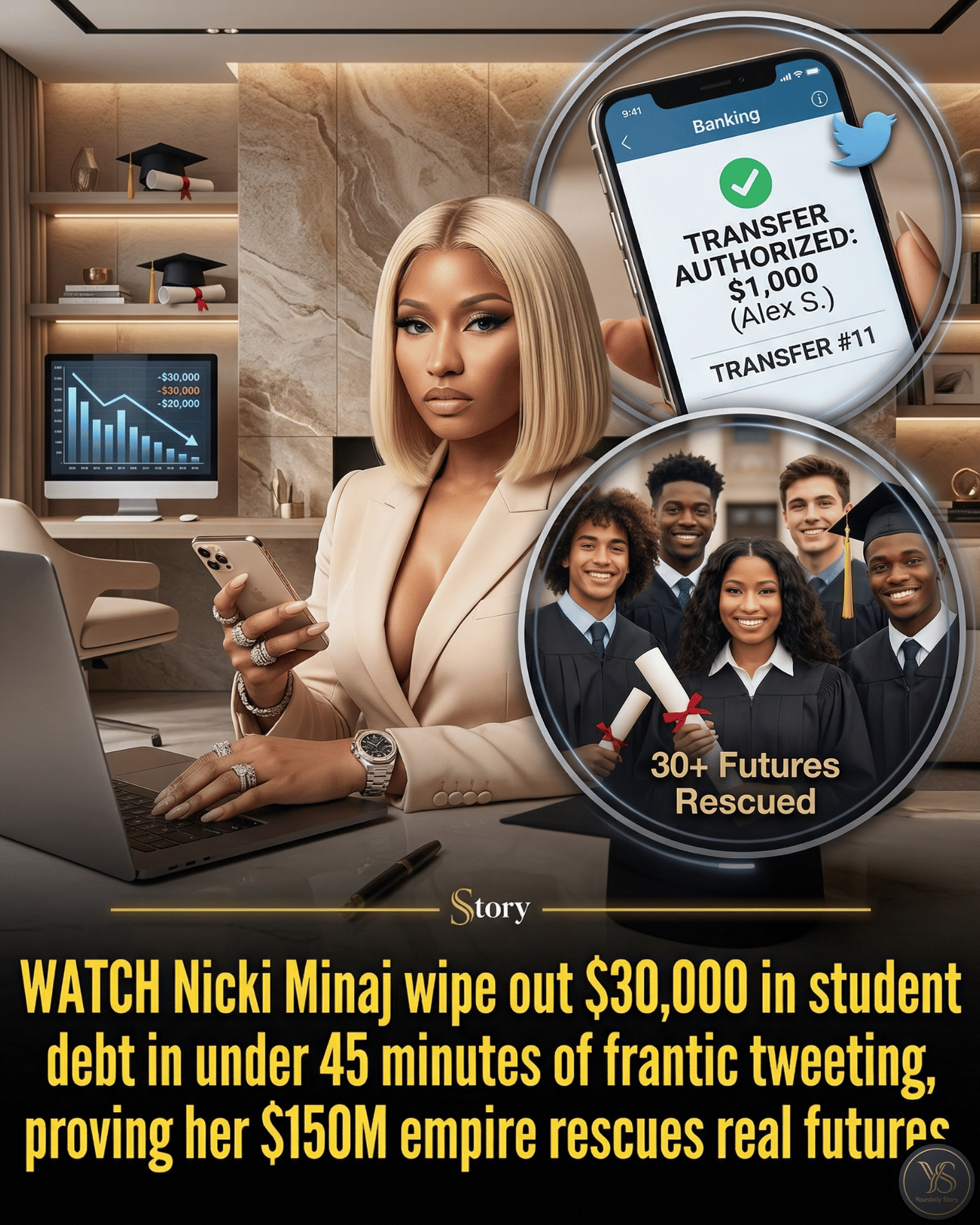 WATCH Nicki Minaj wipe out $30,000 in student debt in under 45 minutes of frantic tweeting, proving her $150M empire rescues real futures.