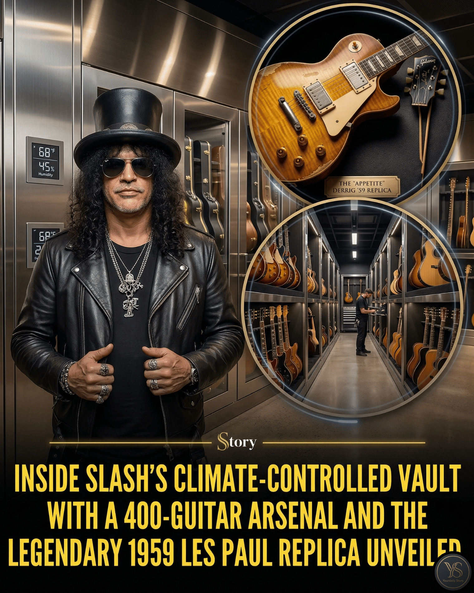 Inside Slash’s climate-controlled vault with a 400-guitar arsenal and the legendary 1959 Les Paul replica Unveiled.