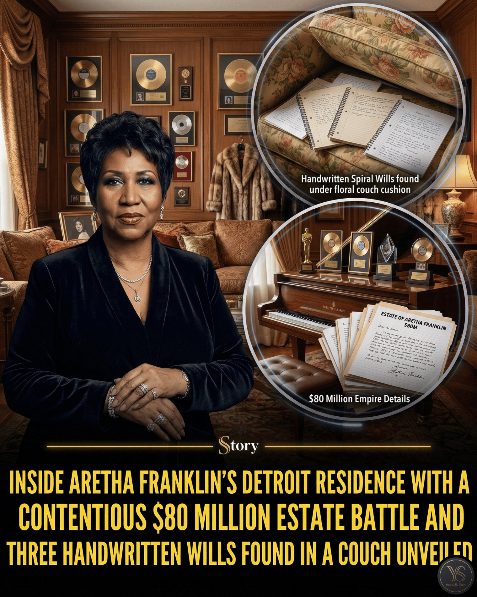 Inside Aretha Franklin’s Detroit Residence with a Contentious $80 Million Estate Battle and Three Handwritten Wills Found in a Couch Unveiled.
