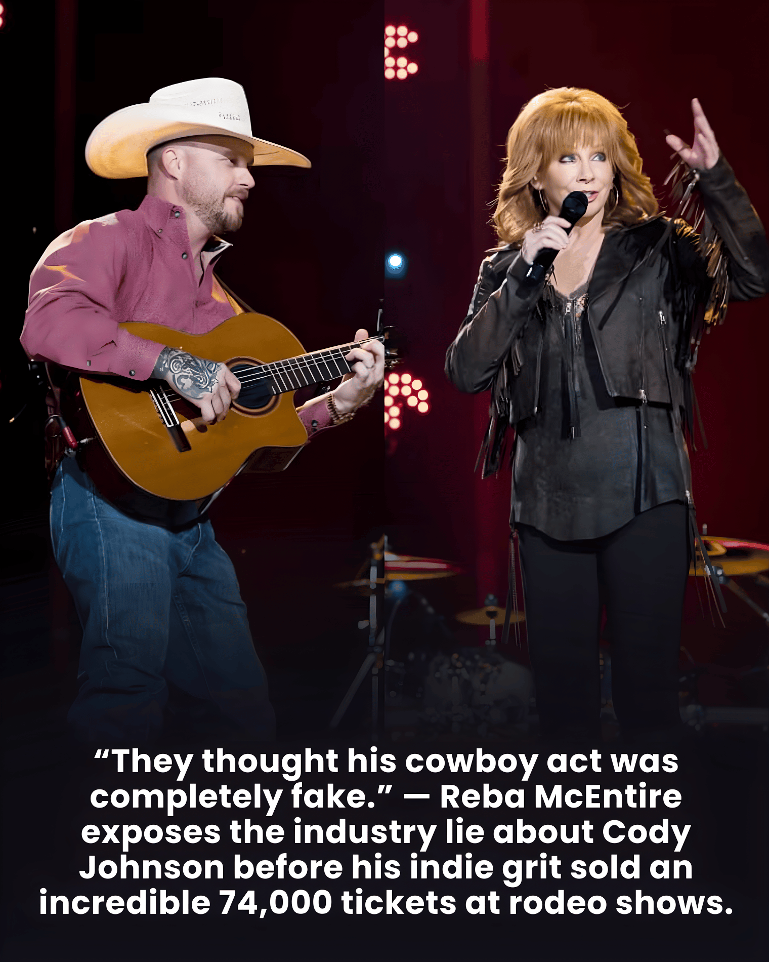 “They thought his cowboy act was completely fake.” — Reba McEntire exposes the industry lie about Cody Johnson before his indie grit sold an incredible 74,000 tickets at rodeo shows.