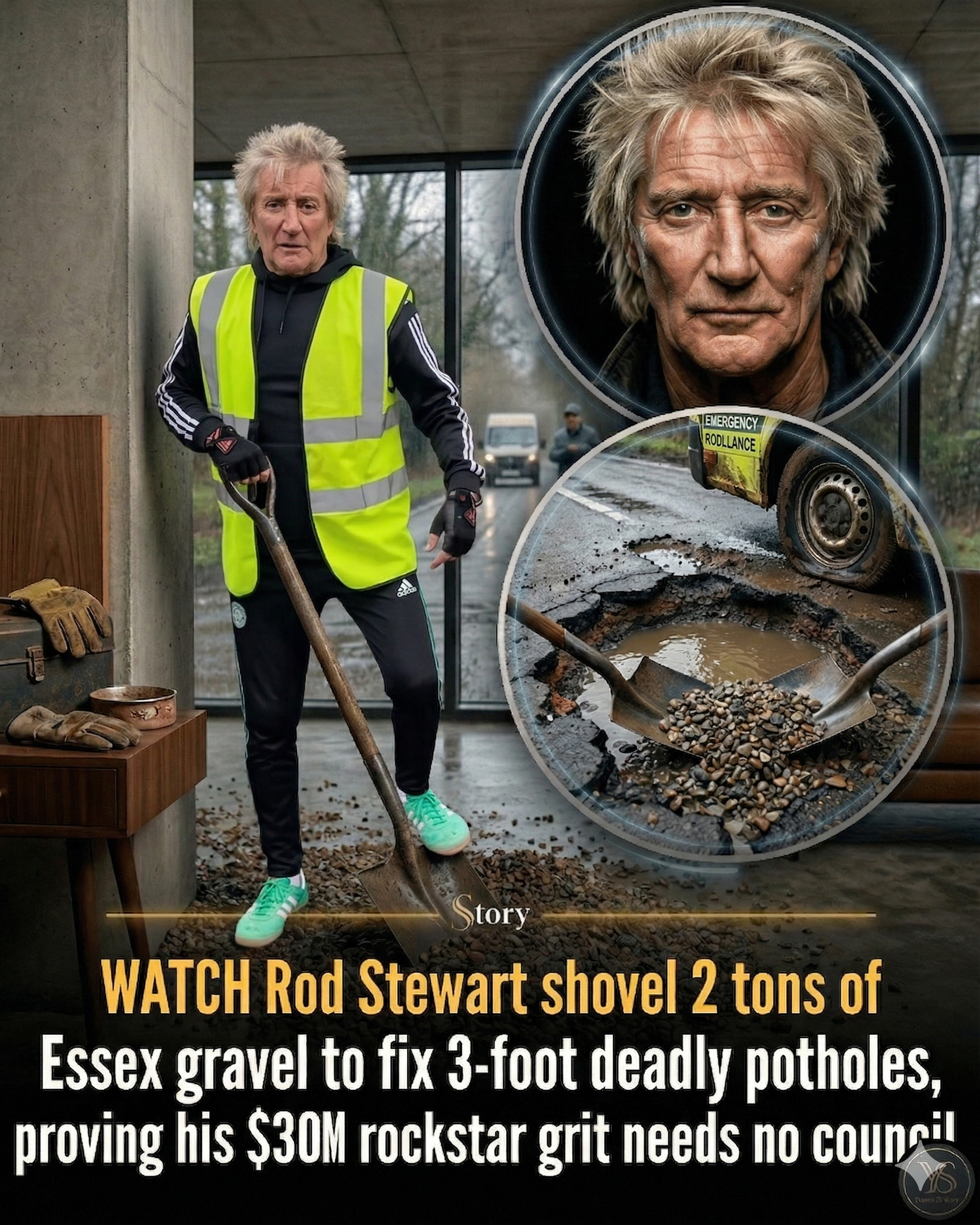 WATCH Rod Stewart shovel 2 tons of Essex gravel to fix 3-foot deadly potholes, proving his $300M rockstar grit needs no council.
