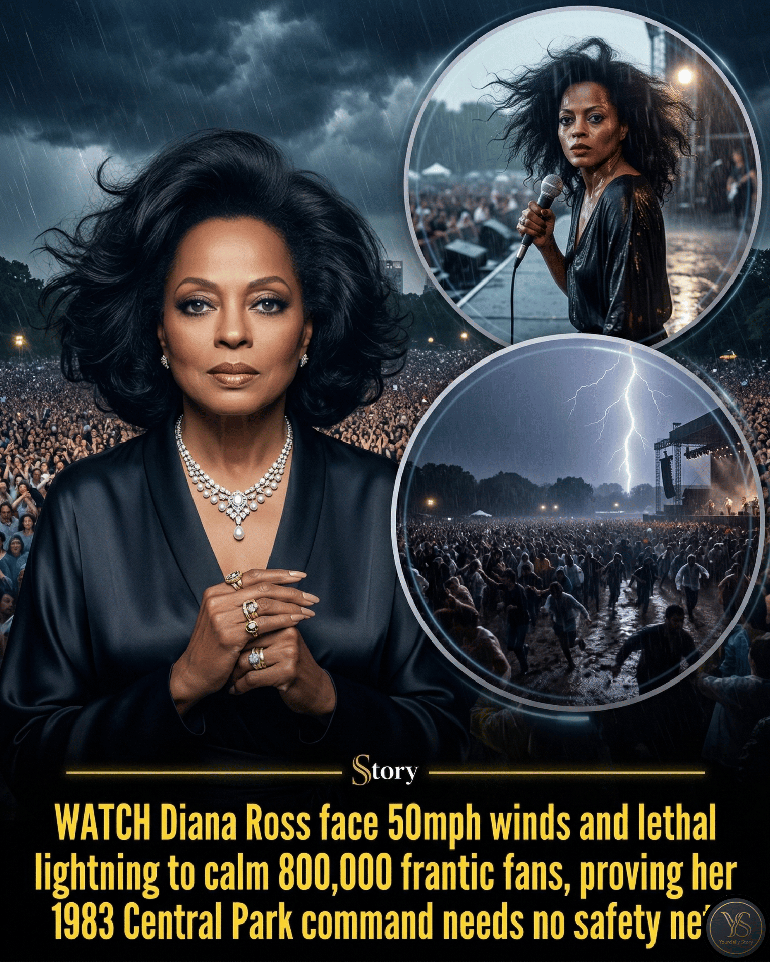 WATCH Diana Ross face 50mph winds and lethal lightning to calm 800,000 frantic fans, proving her 1983 Central Park command needs no safety net.