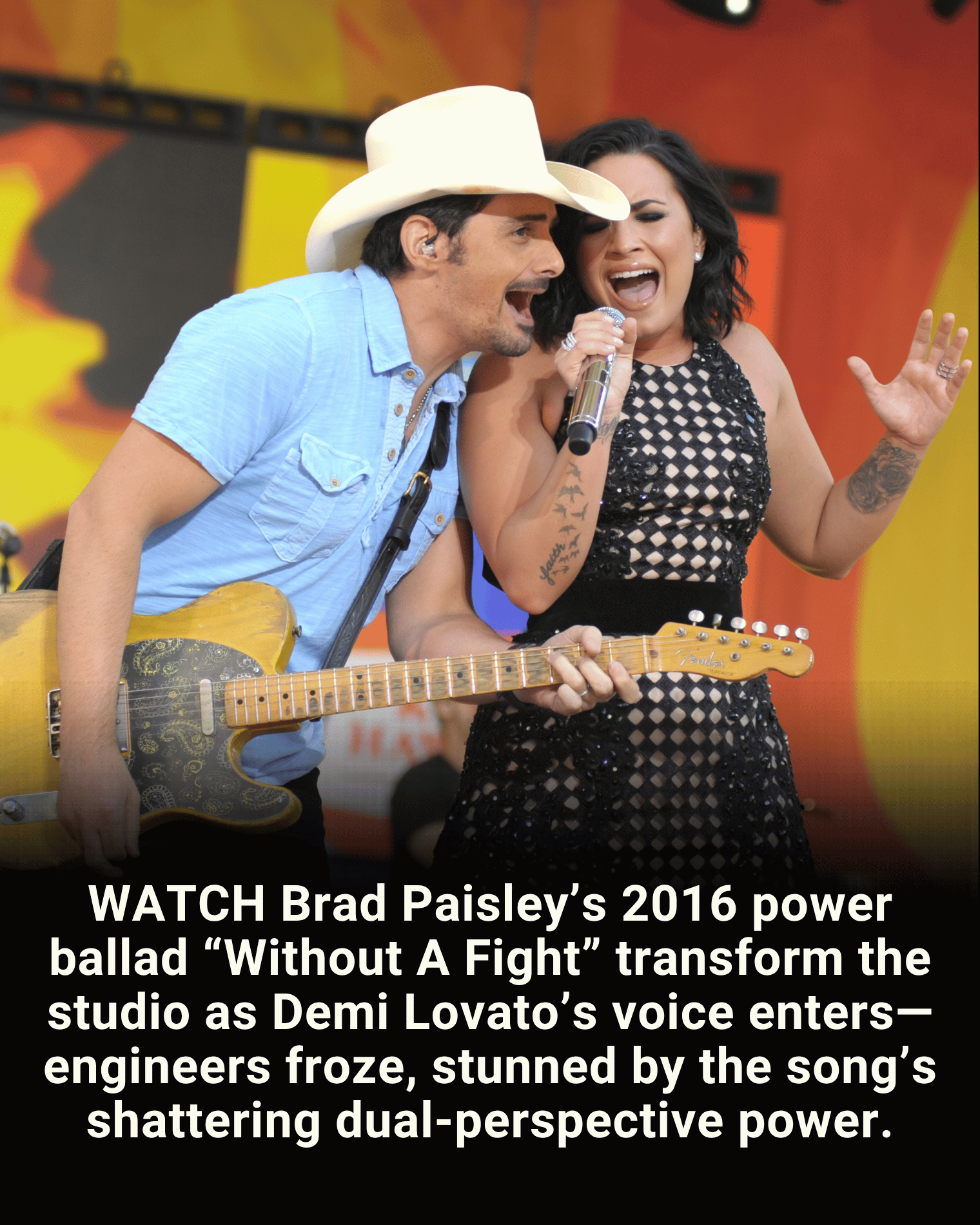 WATCH Brad Paisley’s 2016 power ballad “Without A Fight” transform the studio as Demi Lovato’s voice enters—engineers froze, stunned by the song’s shattering dual-perspective power.