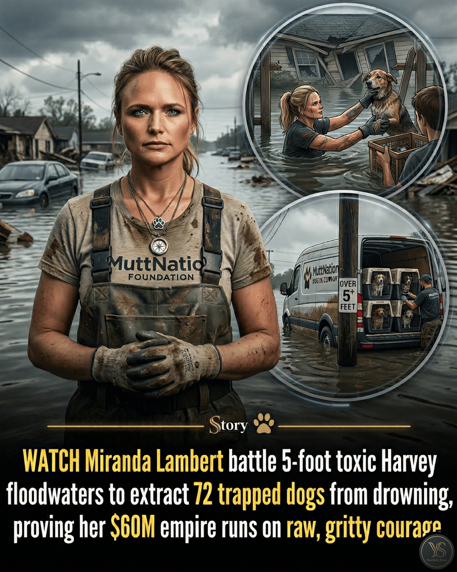 WATCH Miranda Lambert battle 5-foot toxic Harvey floodwaters to extract 72 trapped dogs from drowning, proving her $60M empire runs on raw, gritty courage.