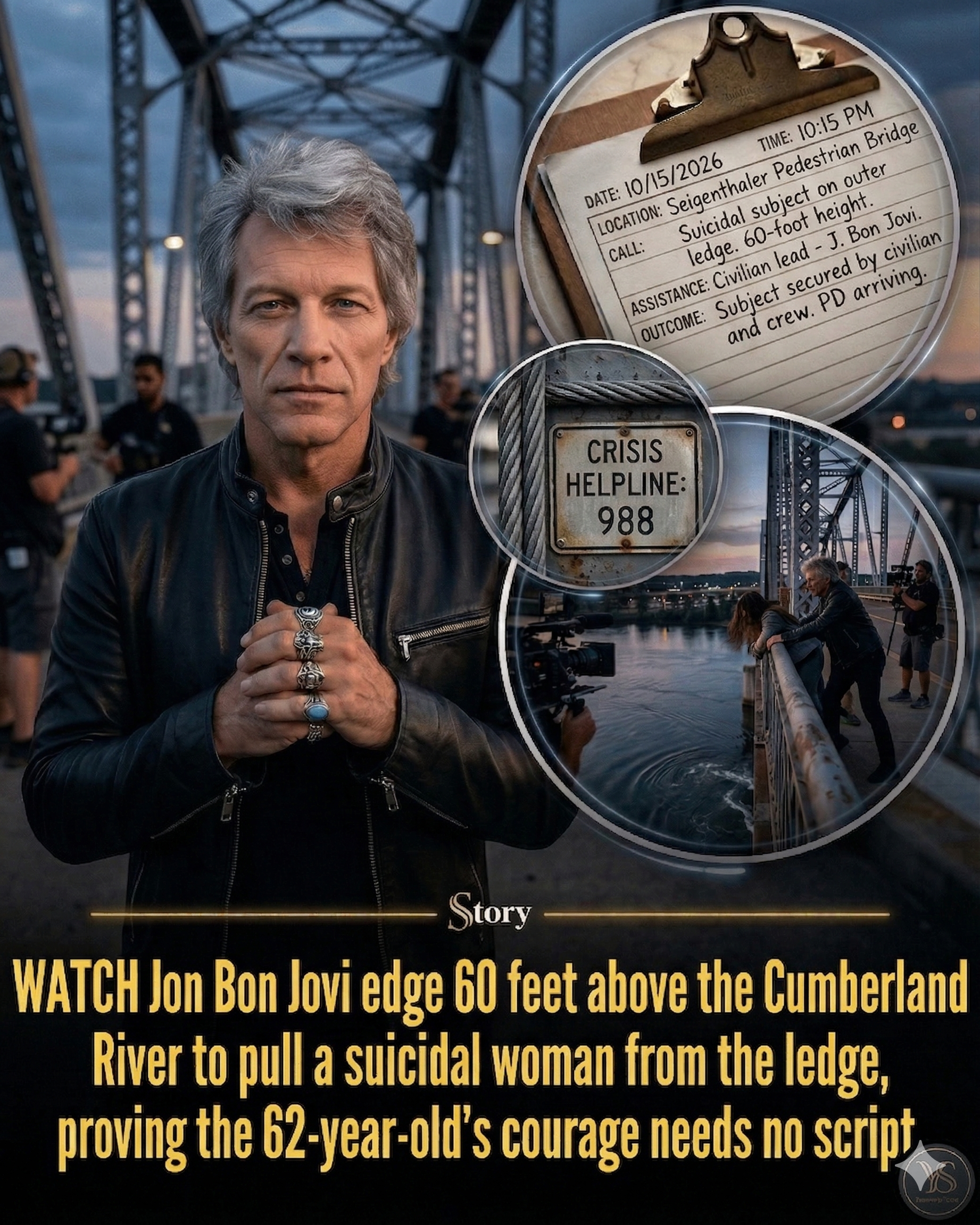 WATCH Jon Bon Jovi edge 60 feet above the Cumberland River to pull a suicidal woman from the ledge, proving the 62-year-old’s courage needs no script.