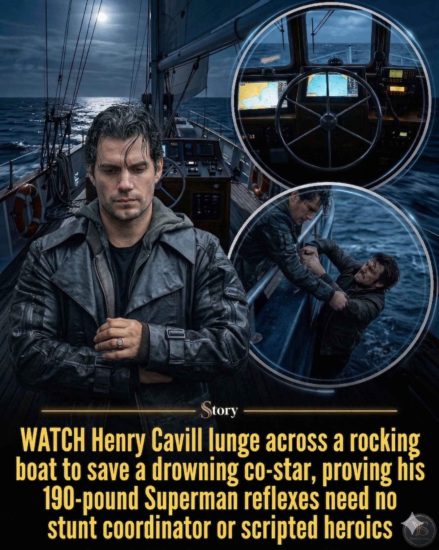 WATCH Henry Cavill lunge across a rocking boat to save a drowning co-star, proving his 190-pound Superman reflexes need no stunt coordinator or scripted heroics.