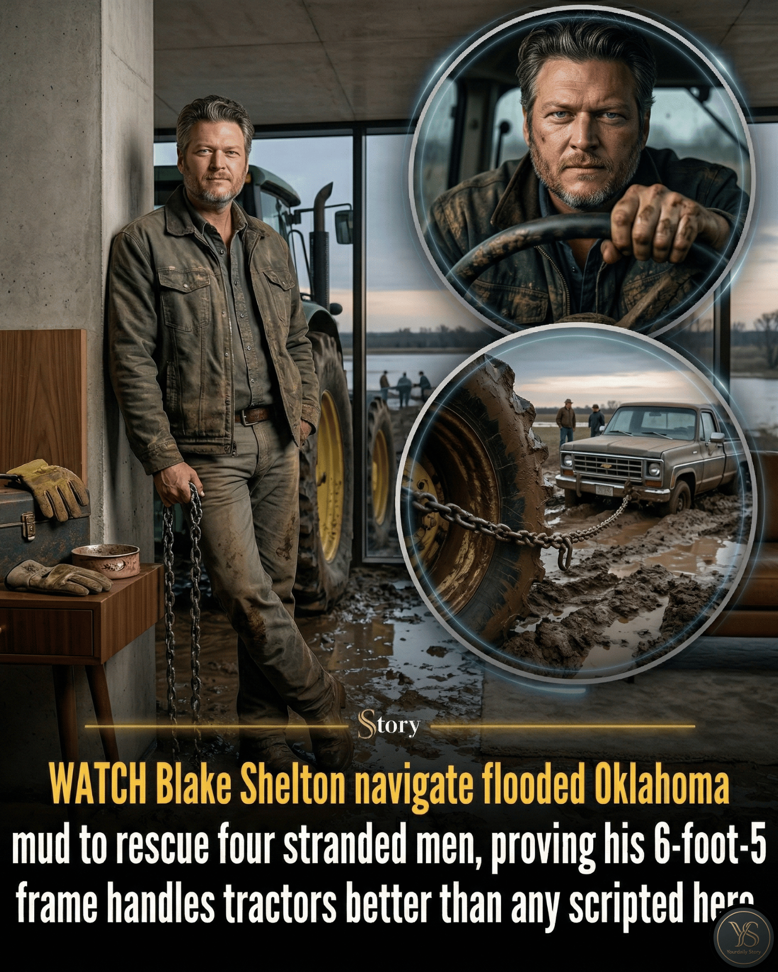 WATCH Blake Shelton navigate flooded Oklahoma mud to rescue four stranded men, proving his 6-foot-5 frame handles tractors better than any scripted hero.