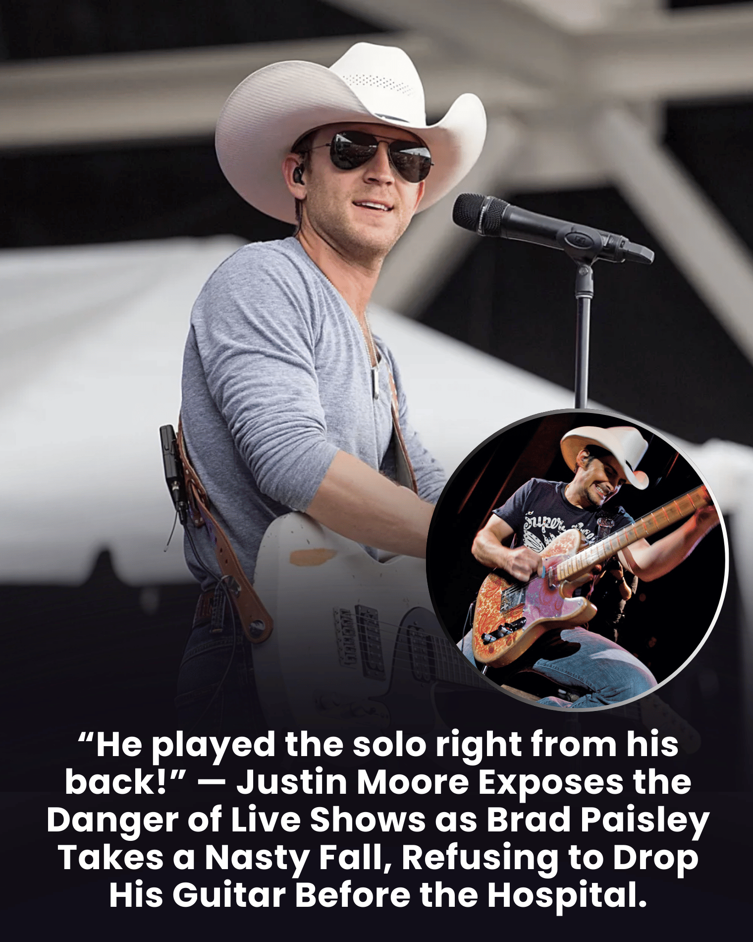“He played the solo right from his back!” — Justin Moore Exposes the Danger of Live Shows as Brad Paisley Takes a Nasty Fall, Refusing to Drop His Guitar Before the Hospital.