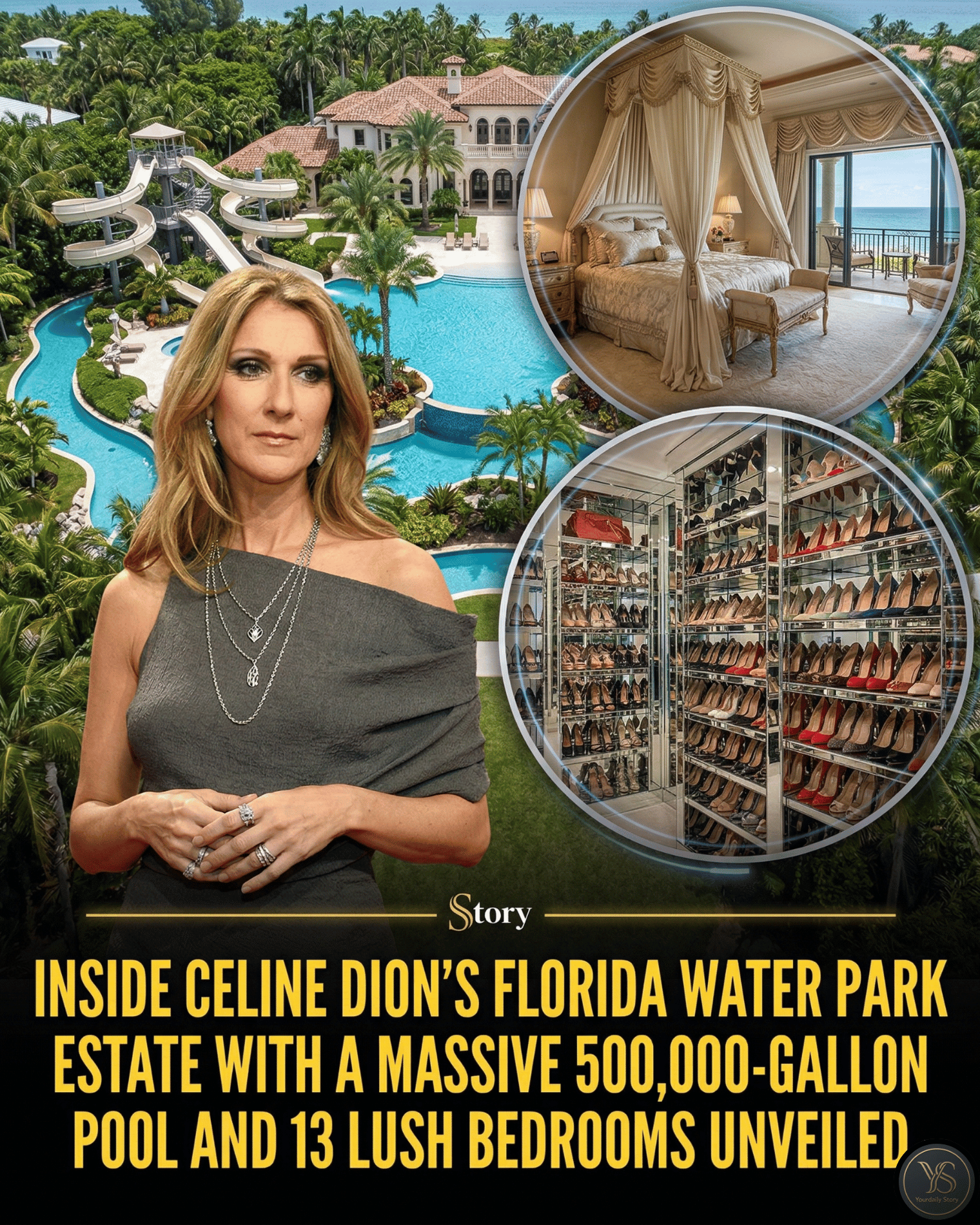 Inside Celine Dion’s Florida Water Park Estate with a Massive 500,000-Gallon Pool and 13 Lush Bedrooms Unveiled.