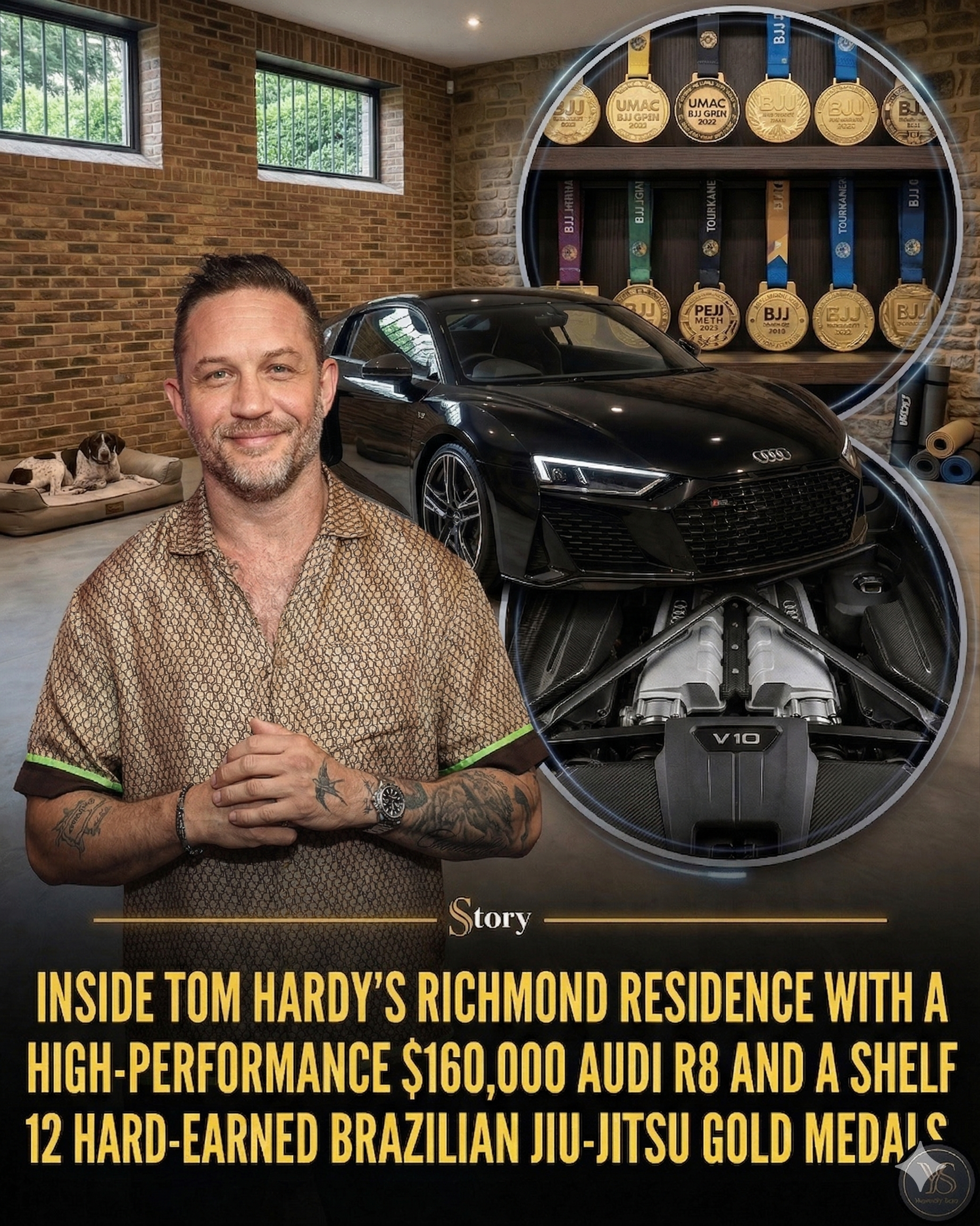 Inside Tom Hardy’s Richmond residence with a high-performance $160,000 Audi R8 and a shelf of 12 hard-earned Brazilian Jiu-Jitsu gold medals.