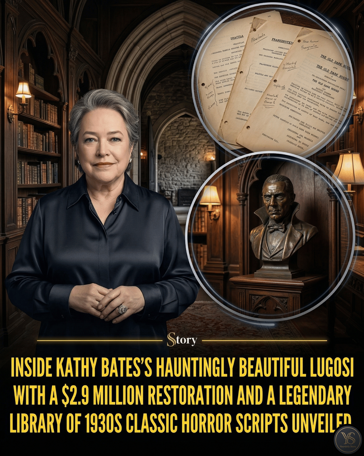 Inside Kathy Bates’s hauntingly beautiful Lugosi estate with a $2.9 million restoration and a legendary library of 1930s classic horror scripts unveiled.