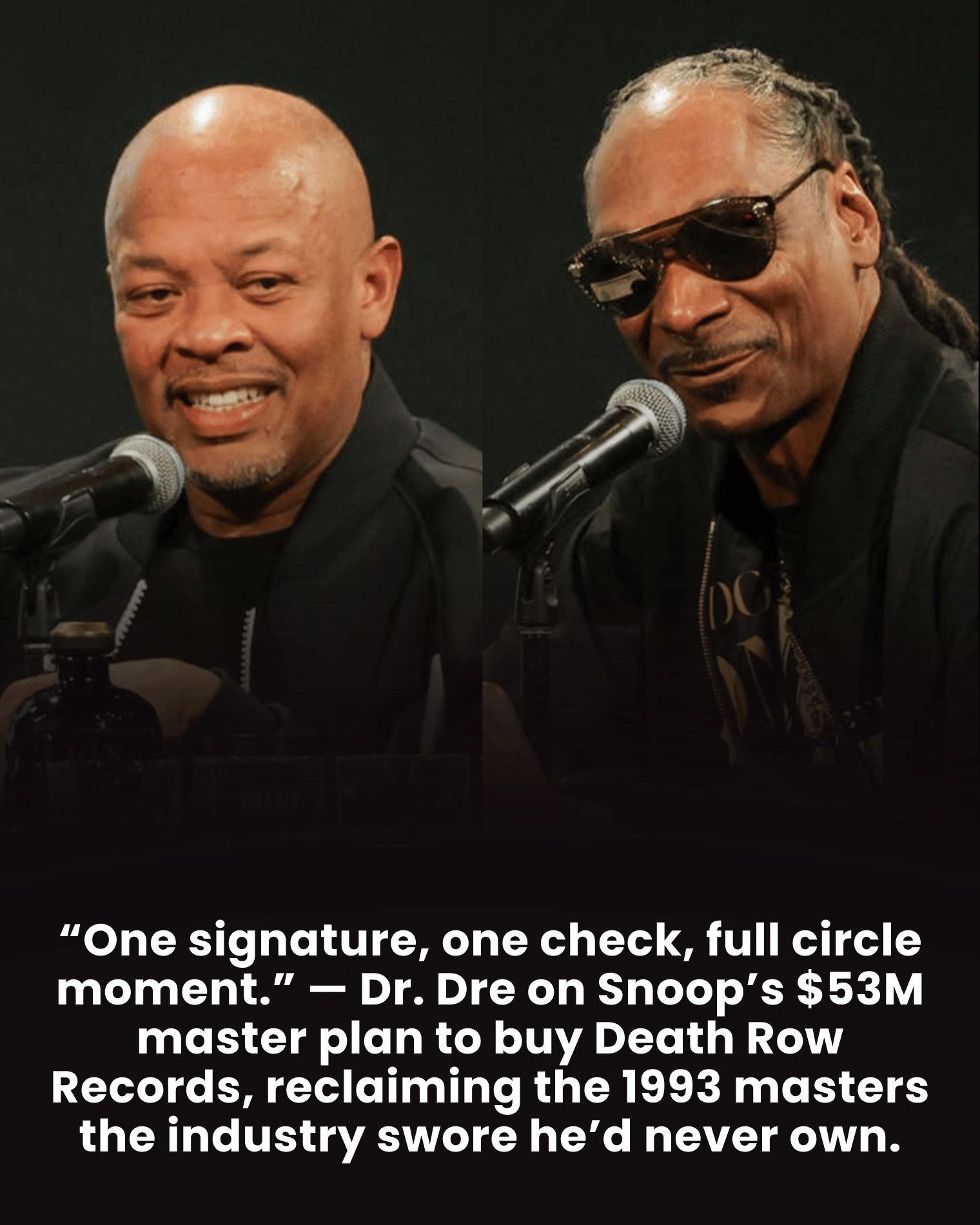 “One signature, one check, full circle moment.” — Dr. Dre on Snoop’s $53M master plan to buy Death Row Records, reclaiming the 1993 masters the industry swore he’d never own.