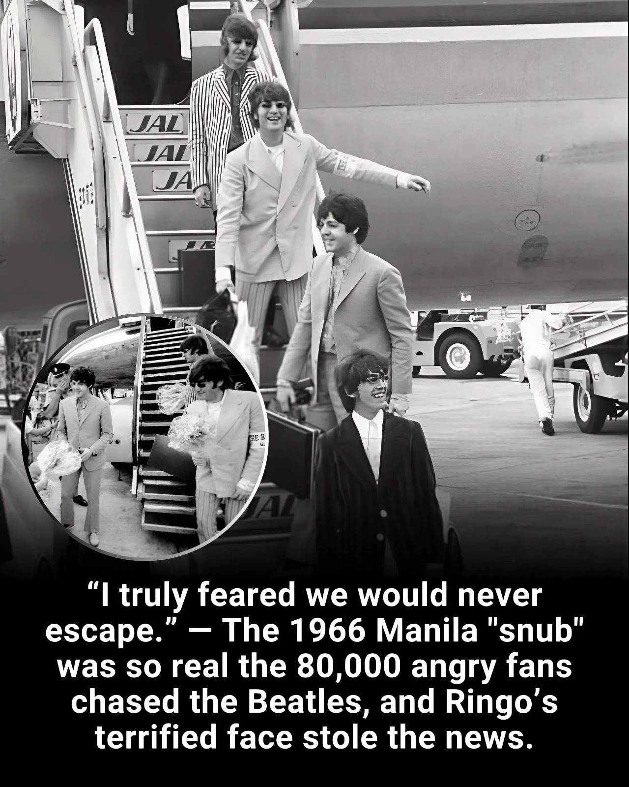 “I truly feared we would never escape.” — The 1966 Manila “snub” was so real the 80,000 angry fans chased the Beatles, and Ringo’s terrified face stole the news.