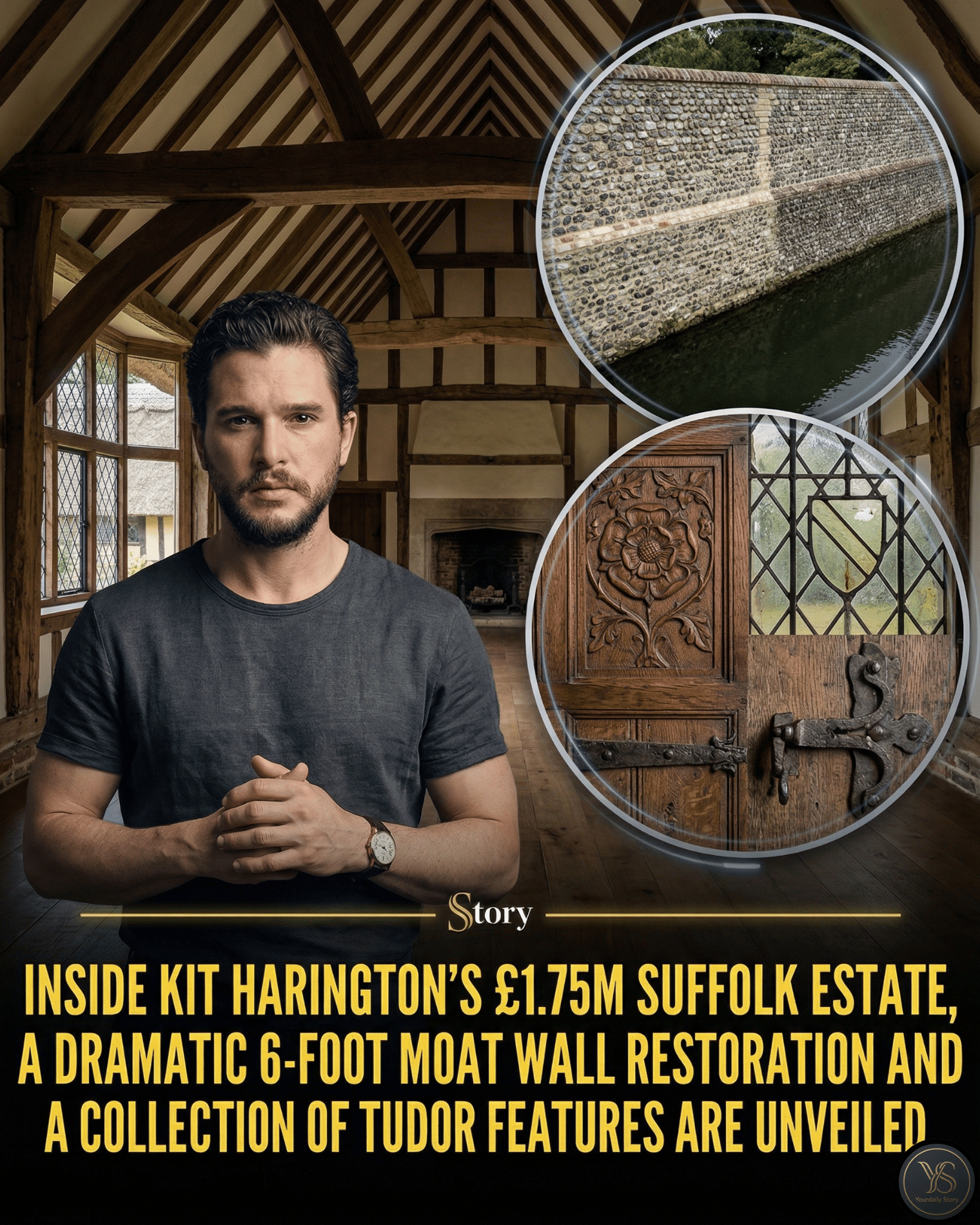 Inside Kit Harington’s £1.75M Suffolk estate, a dramatic 6-foot moat wall restoration and a collection of 15th-century Tudor features are unveiled.